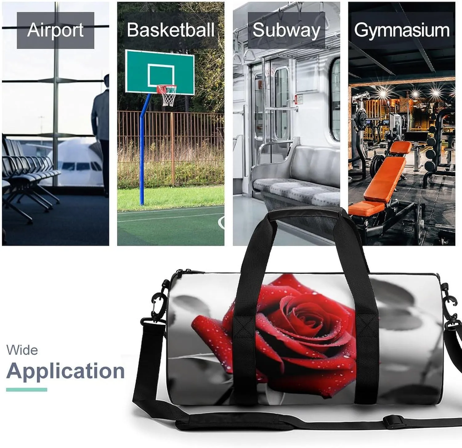 Gym Bag Black And White Red Rose Duffel Bag for Men Women Overnight Bag with Shoe Compartment Workout Bags
