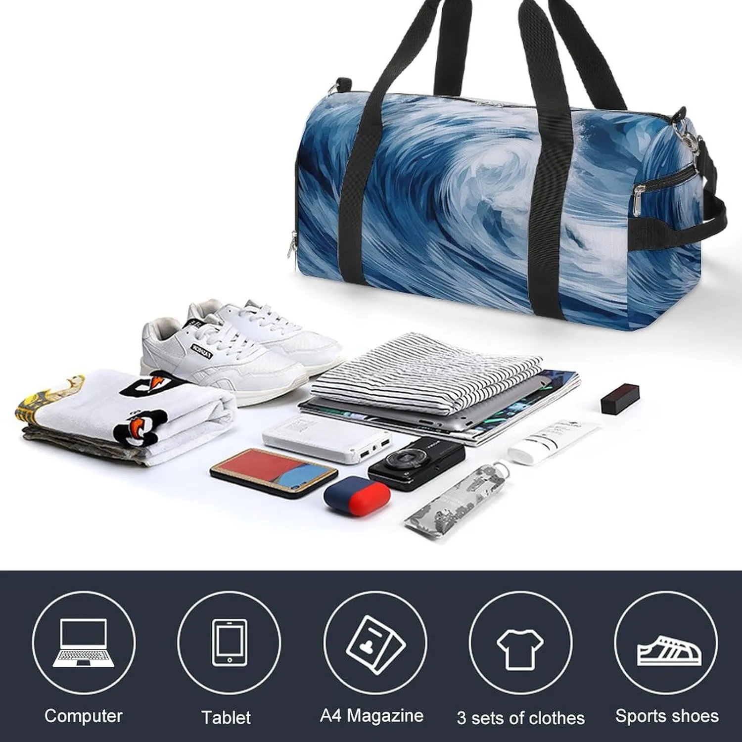 Gym Bag Blue Wave Art Duffel Bag for Men Women Overnight Bag with Shoe Compartment Workout Bags