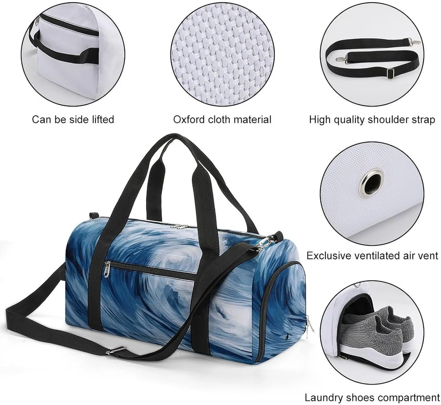 Gym Bag Blue Wave Art Duffel Bag for Men Women Overnight Bag with Shoe Compartment Workout Bags