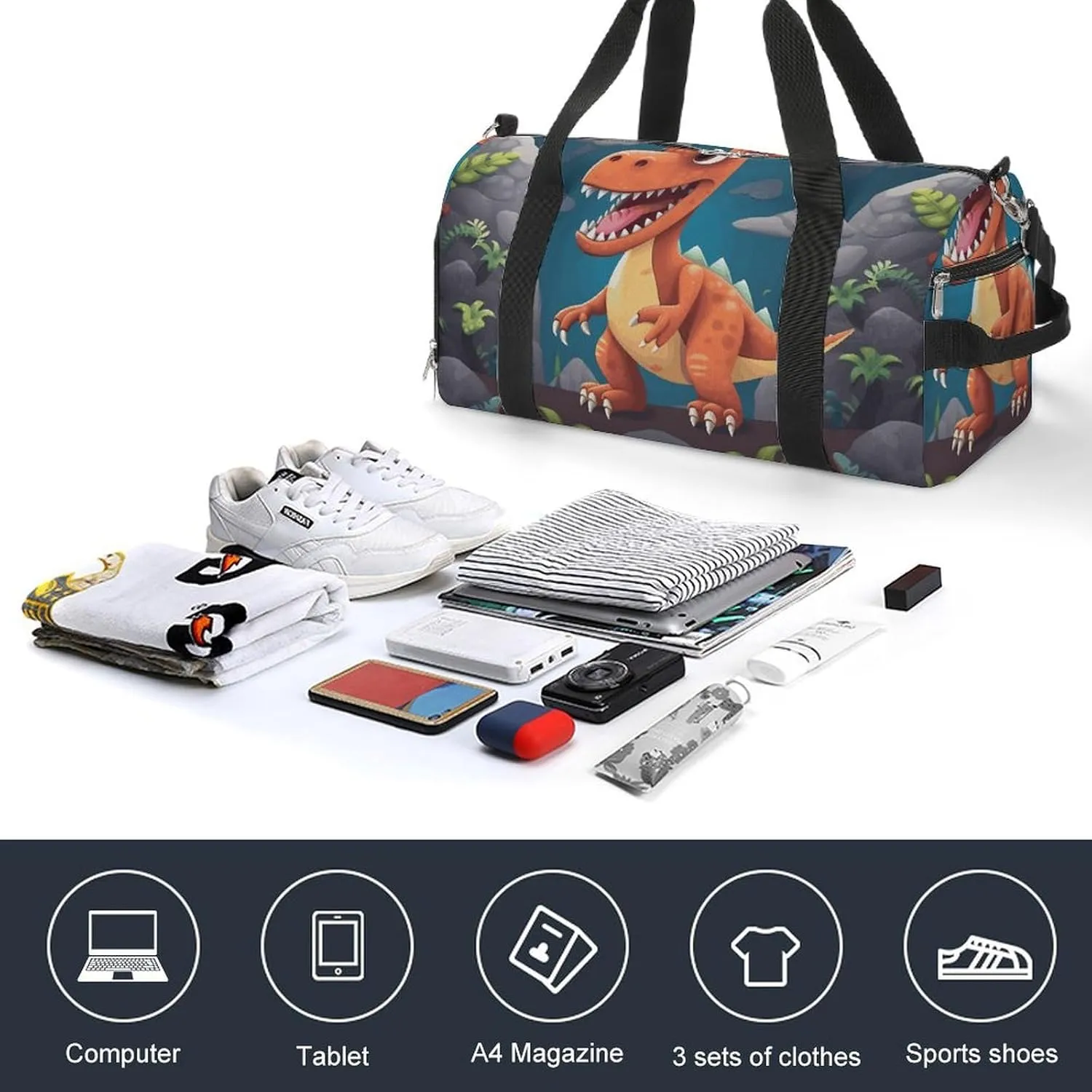 Gym Bag Cartoon Dinosaur Duffel Bag for Men Women Overnight Bag with Shoe Compartment Workout Bags
