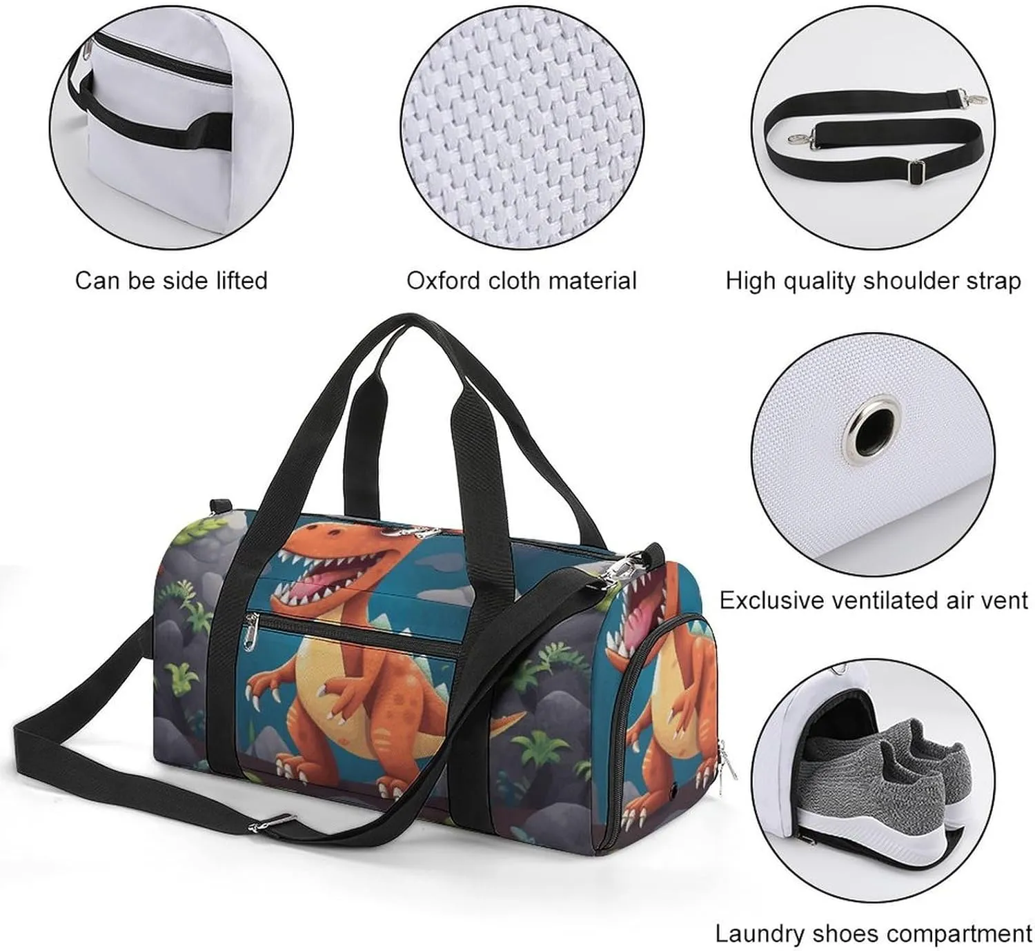 Gym Bag Cartoon Dinosaur Duffel Bag for Men Women Overnight Bag with Shoe Compartment Workout Bags