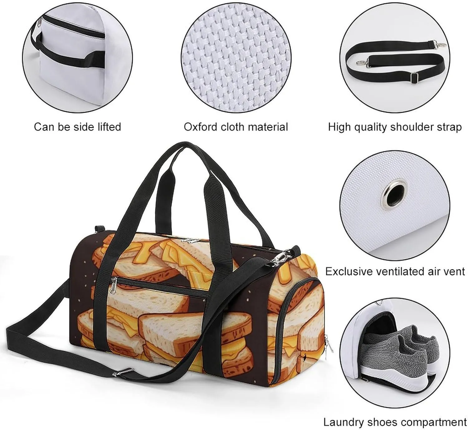 Gym Bag Cheese Sandwiches Duffel Bag for Men Women Overnight Bag with Shoe Compartment Workout Bags