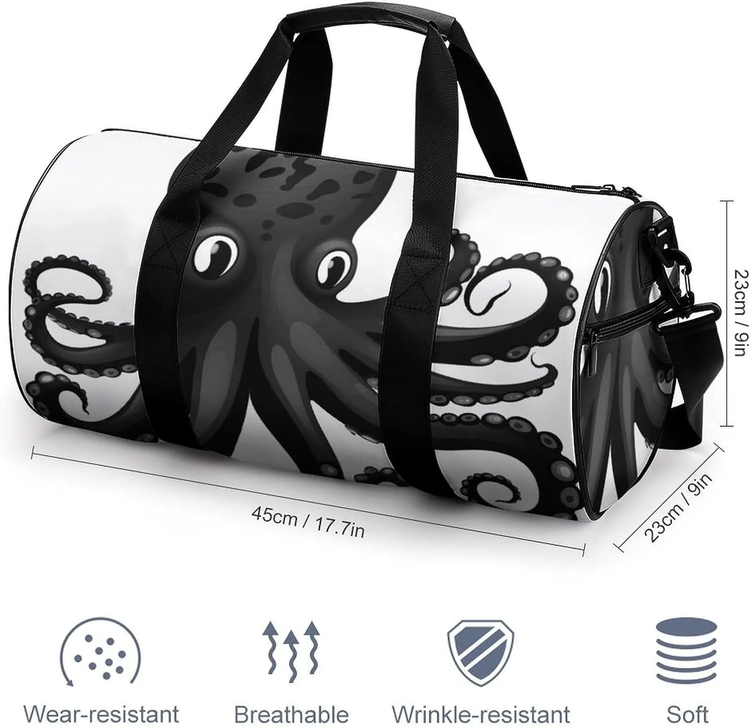 Gym Bag Classic Black Octopus Duffel Bag for Men Women Overnight Bag with Shoe Compartment Workout Bags