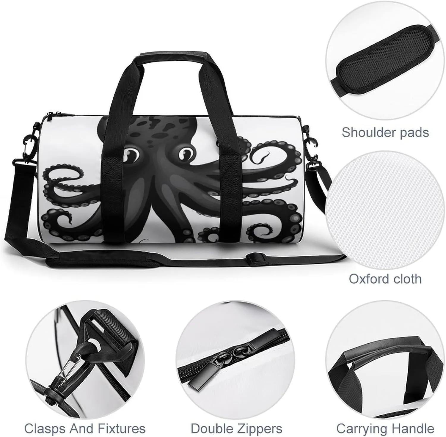 Gym Bag Classic Black Octopus Duffel Bag for Men Women Overnight Bag with Shoe Compartment Workout Bags