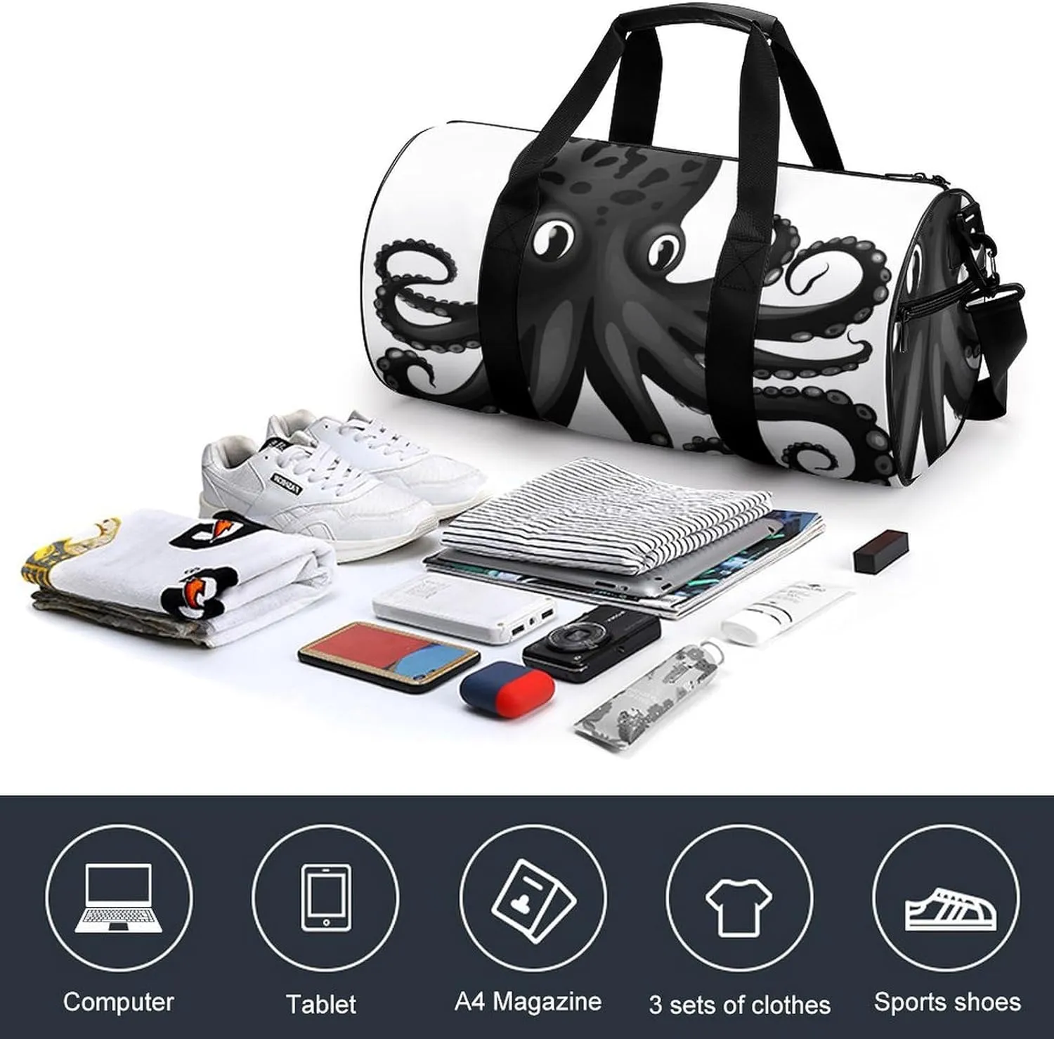 Gym Bag Classic Black Octopus Duffel Bag for Men Women Overnight Bag with Shoe Compartment Workout Bags