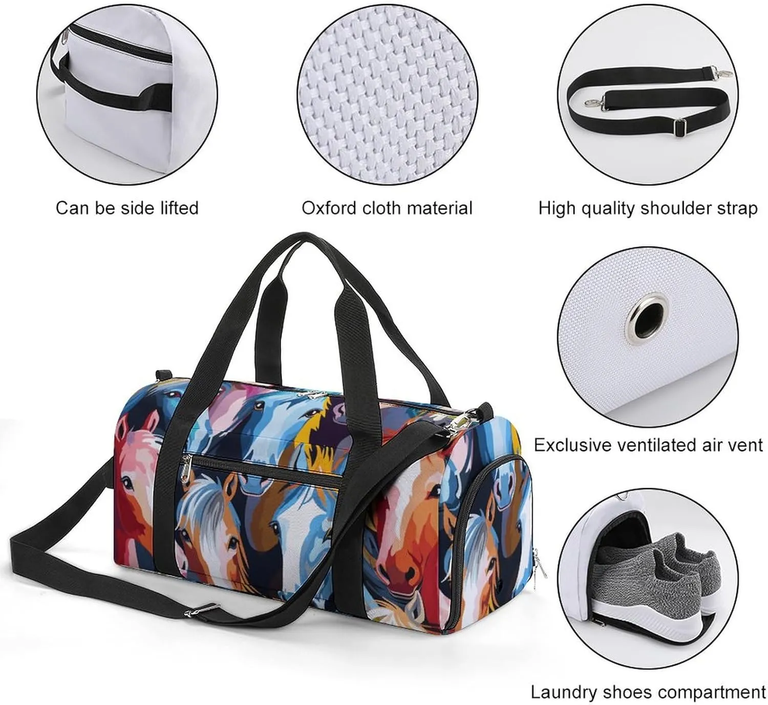 Gym Bag Colorful Cartoon Horses Duffel Bag for Men Women Overnight Bag with Shoe Compartment Workout Bags