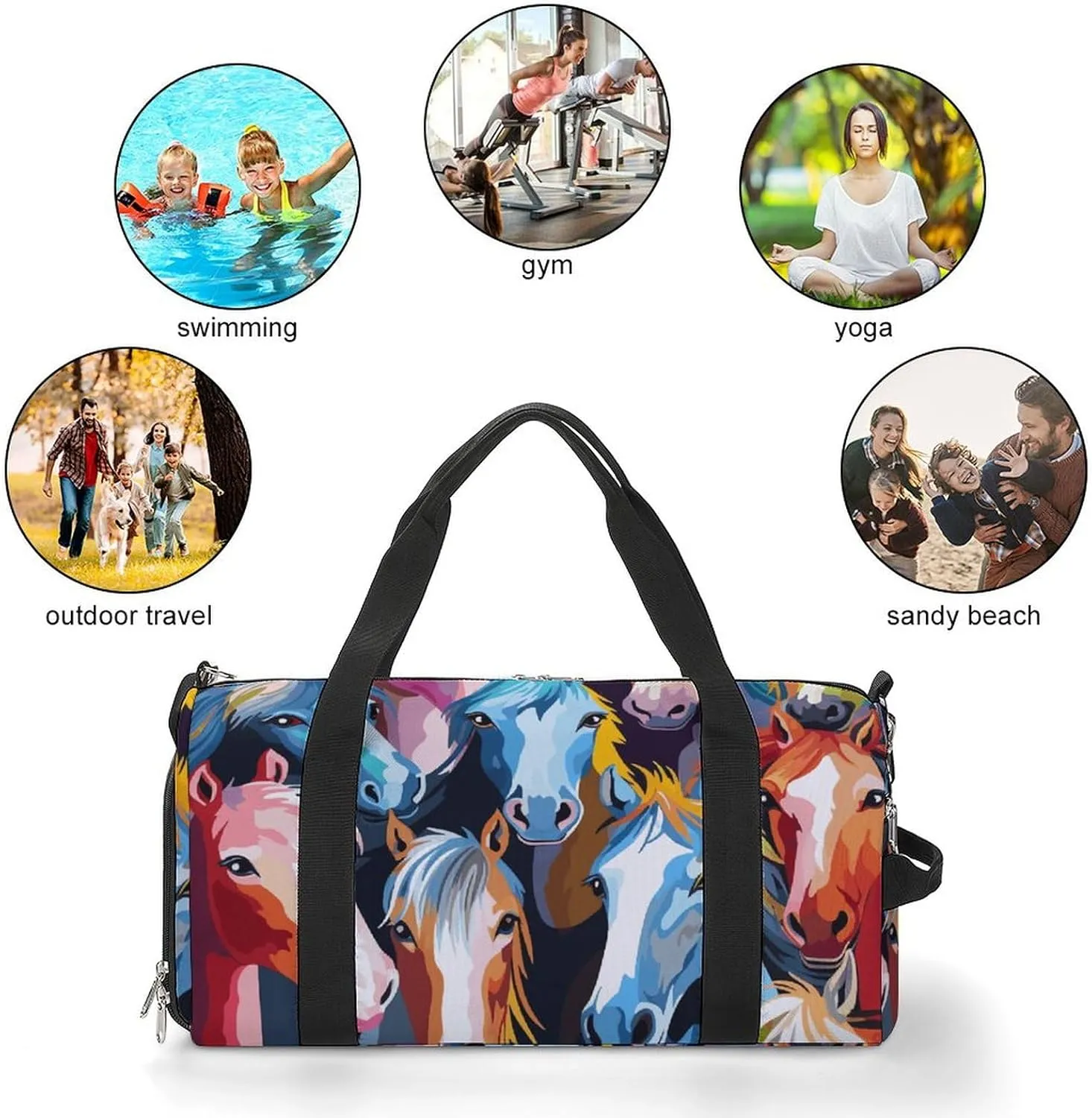 Gym Bag Colorful Cartoon Horses Duffel Bag for Men Women Overnight Bag with Shoe Compartment Workout Bags