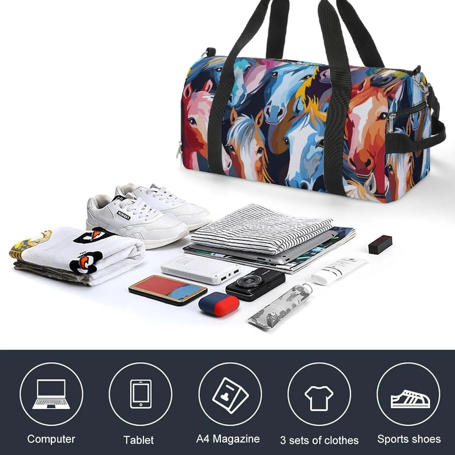 Gym Bag Colorful Cartoon Horses Duffel Bag for Men Women Overnight Bag with Shoe Compartment Workout Bags