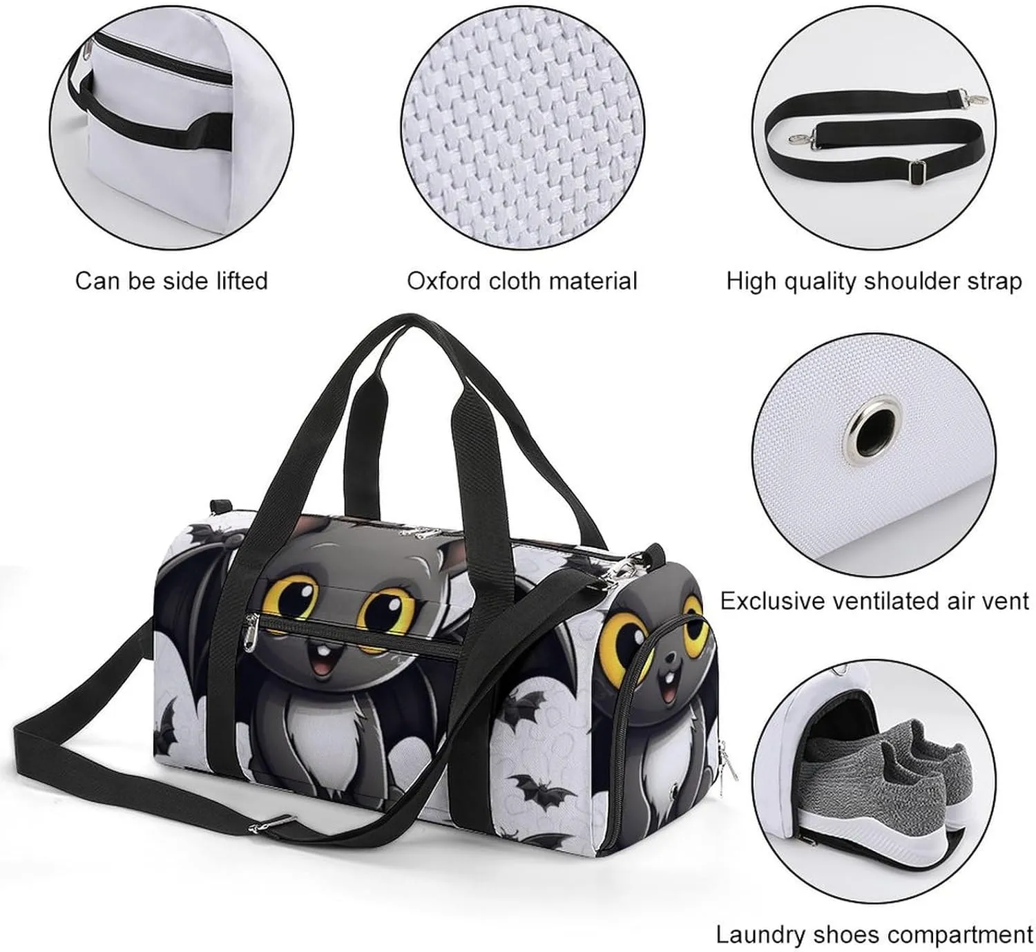 Gym Bag Cute Bat Duffel Bag for Men Women Overnight Bag with Shoe Compartment Workout Bags