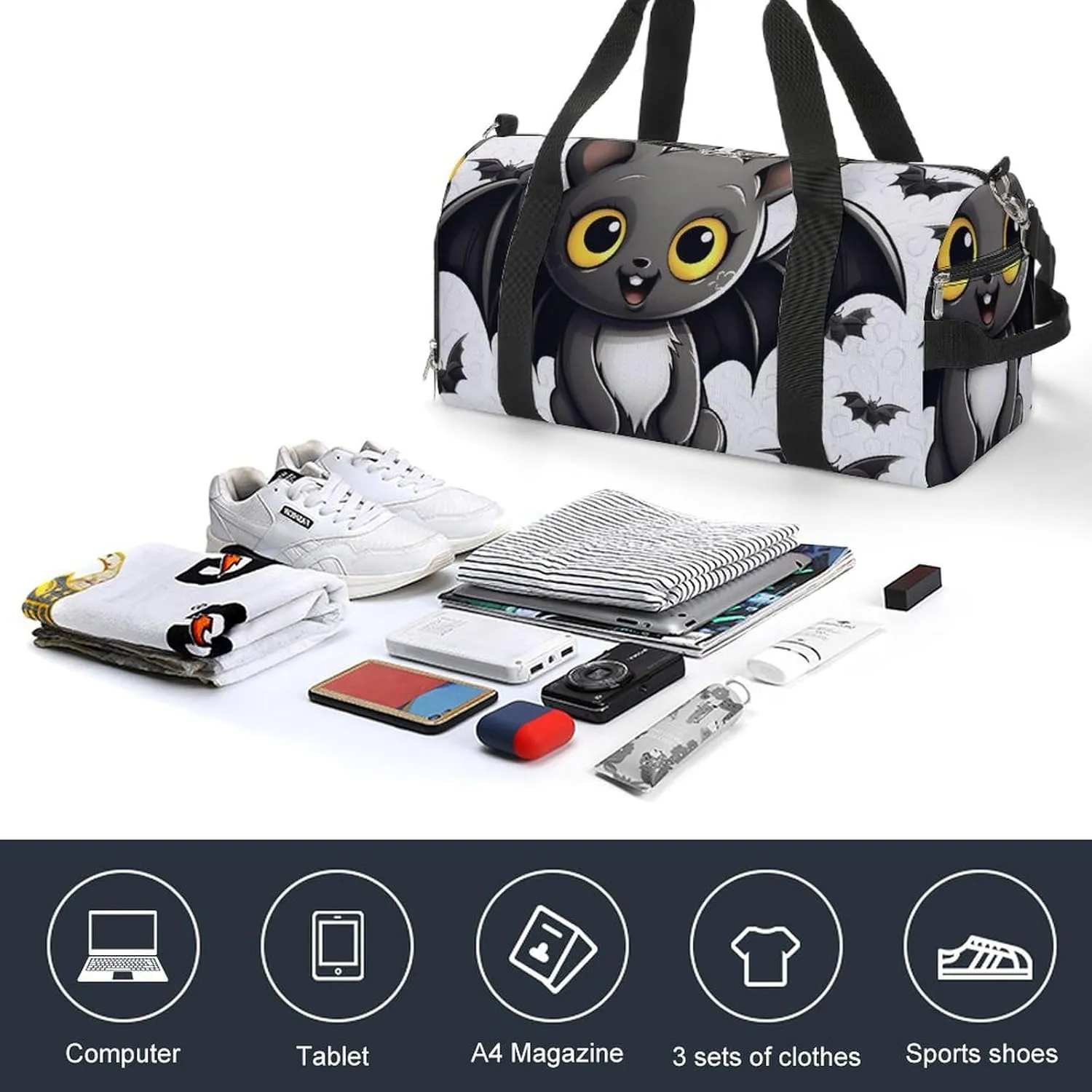 Gym Bag Cute Bat Duffel Bag for Men Women Overnight Bag with Shoe Compartment Workout Bags