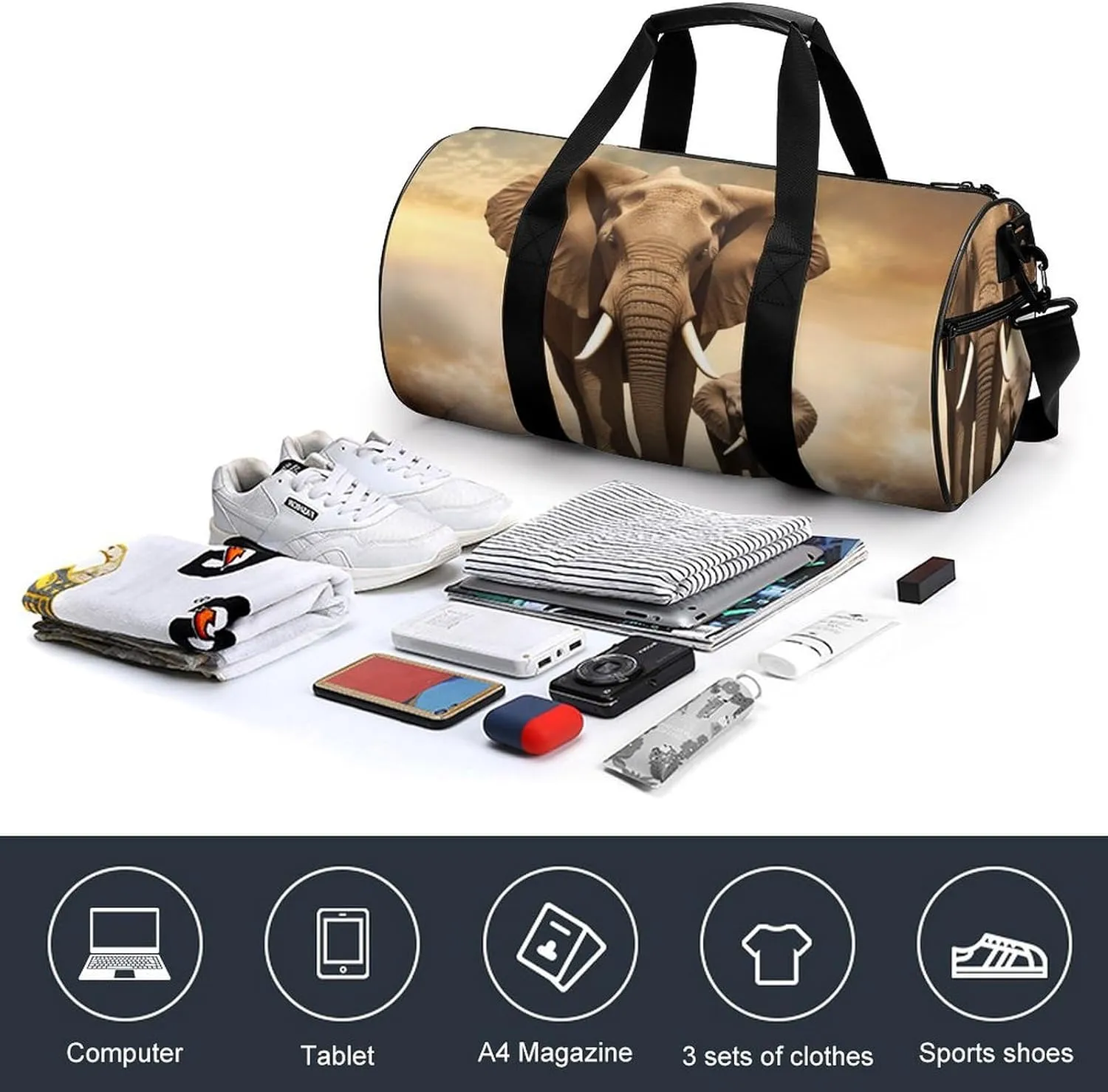 Gym Bag Elephant And Baby Elephant Duffel Bag for Men Women Overnight Bag with Shoe Compartment Workout Bags