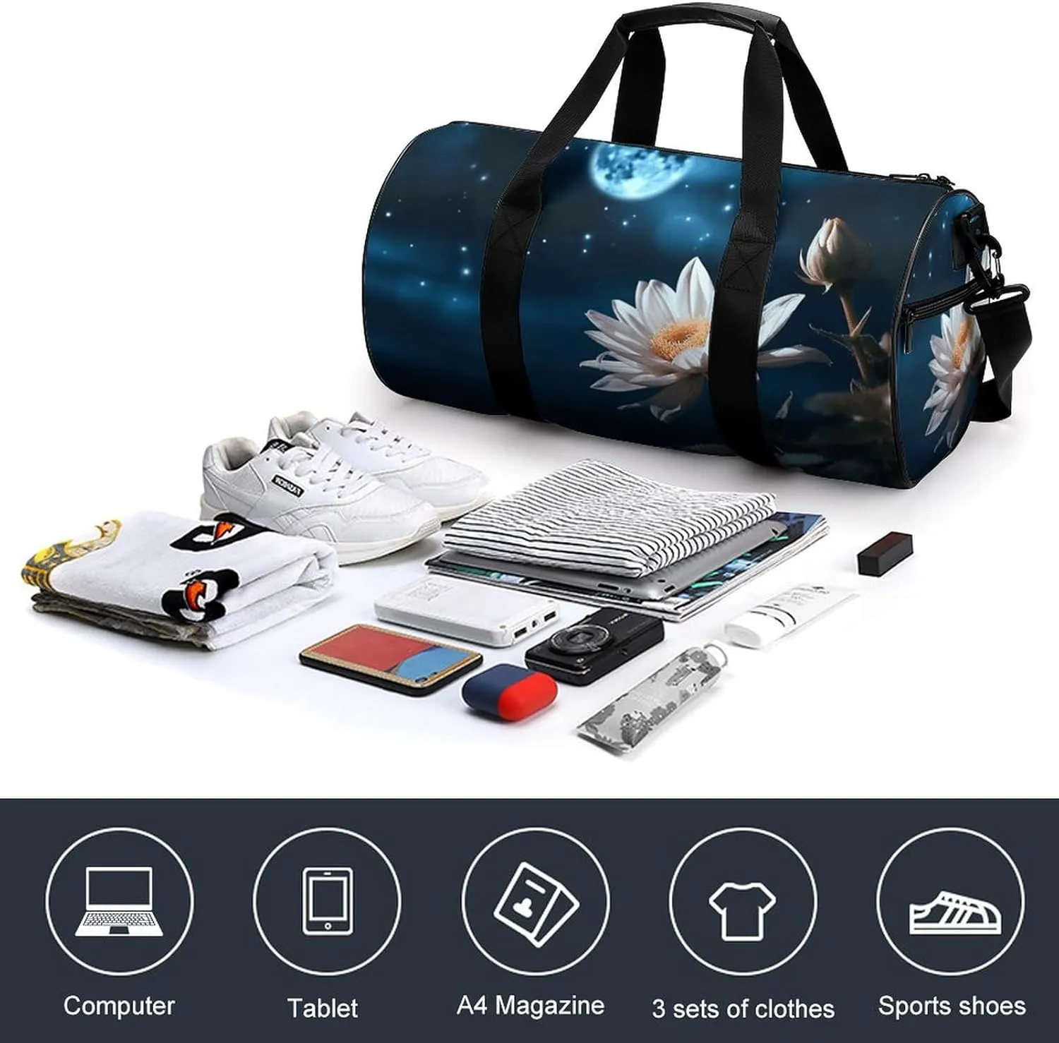 Gym Bag Flower And Moon Duffel Bag for Men Women Overnight Bag with Shoe Compartment Workout Bags