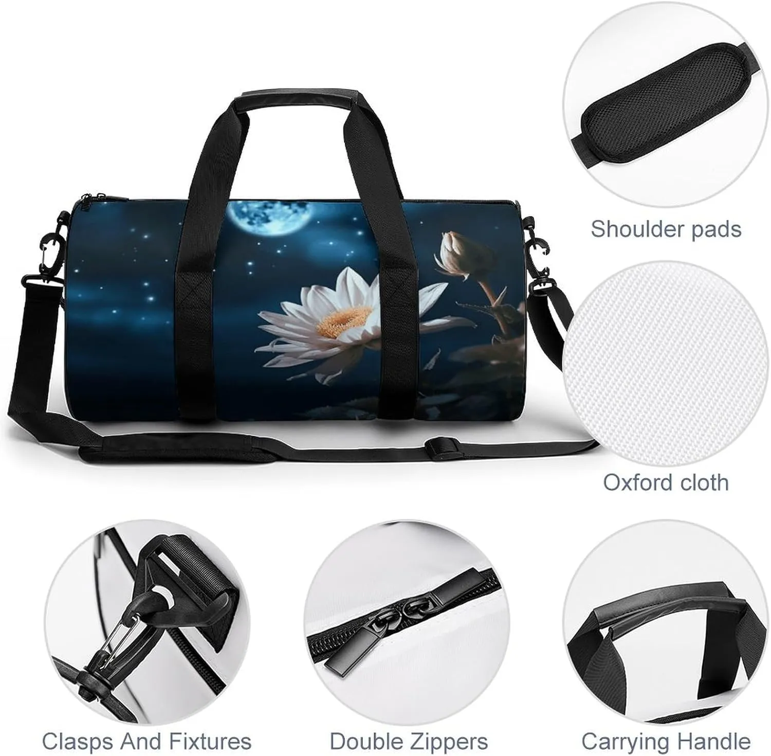 Gym Bag Flower And Moon Duffel Bag for Men Women Overnight Bag with Shoe Compartment Workout Bags