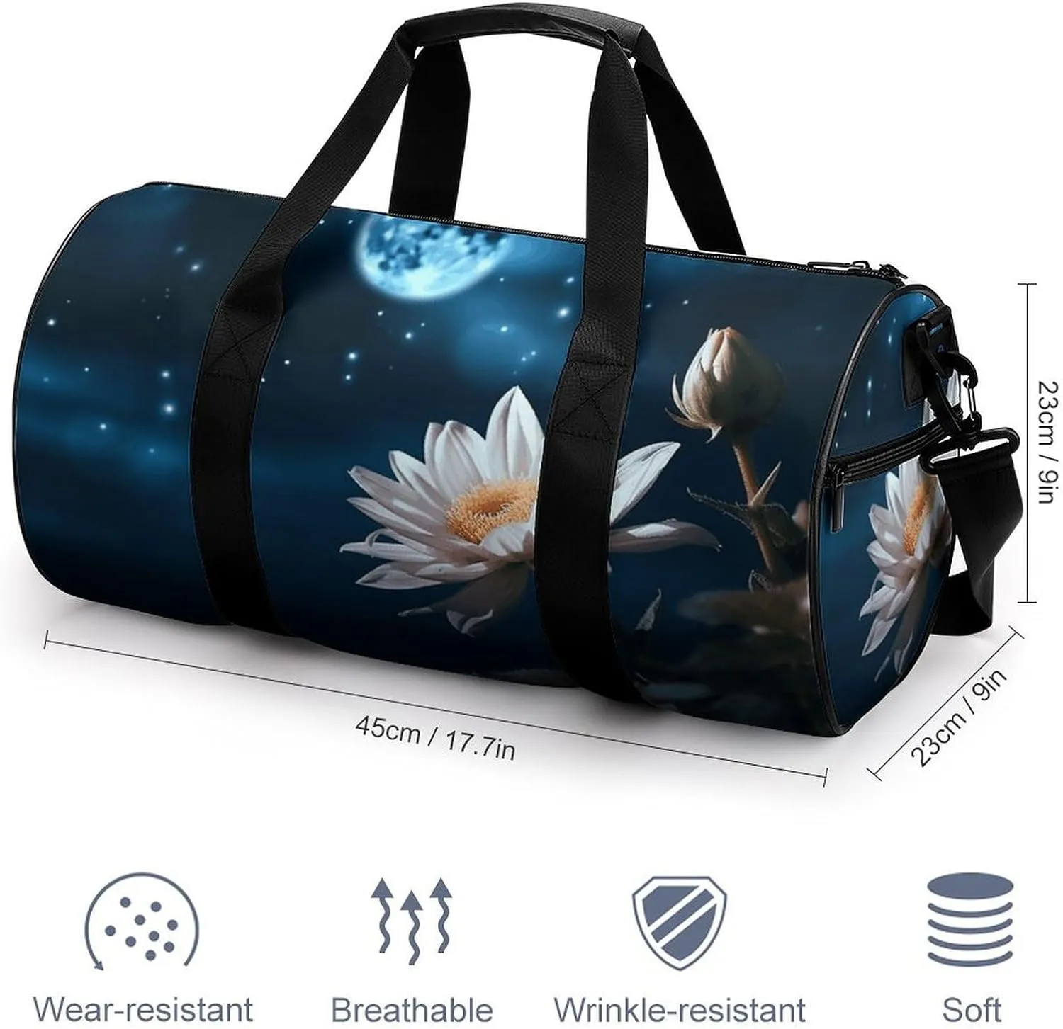 Gym Bag Flower And Moon Duffel Bag for Men Women Overnight Bag with Shoe Compartment Workout Bags