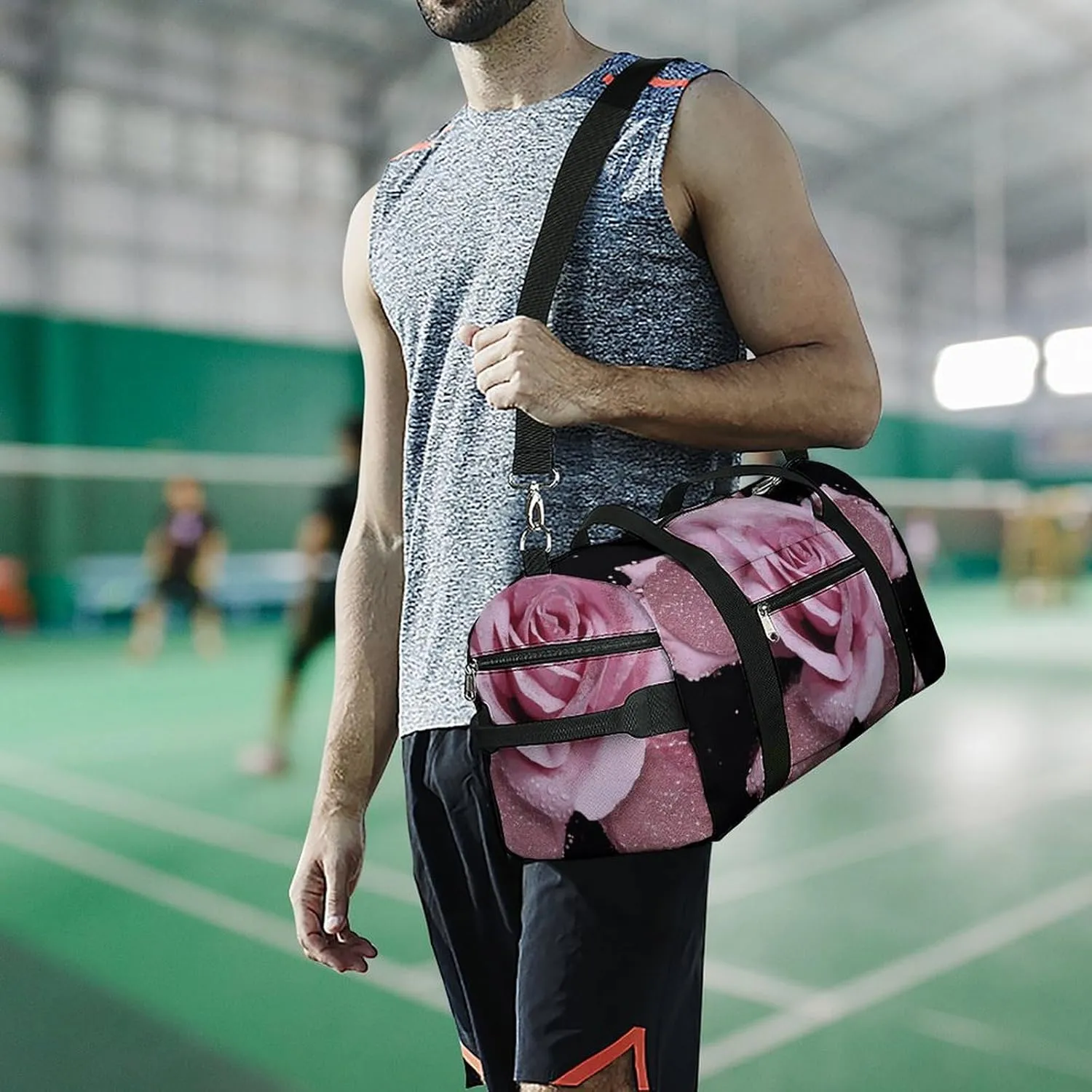 Gym Bag Glitter Rose Duffel Bag for Men Women Overnight Bag with Shoe Compartment Workout Bags