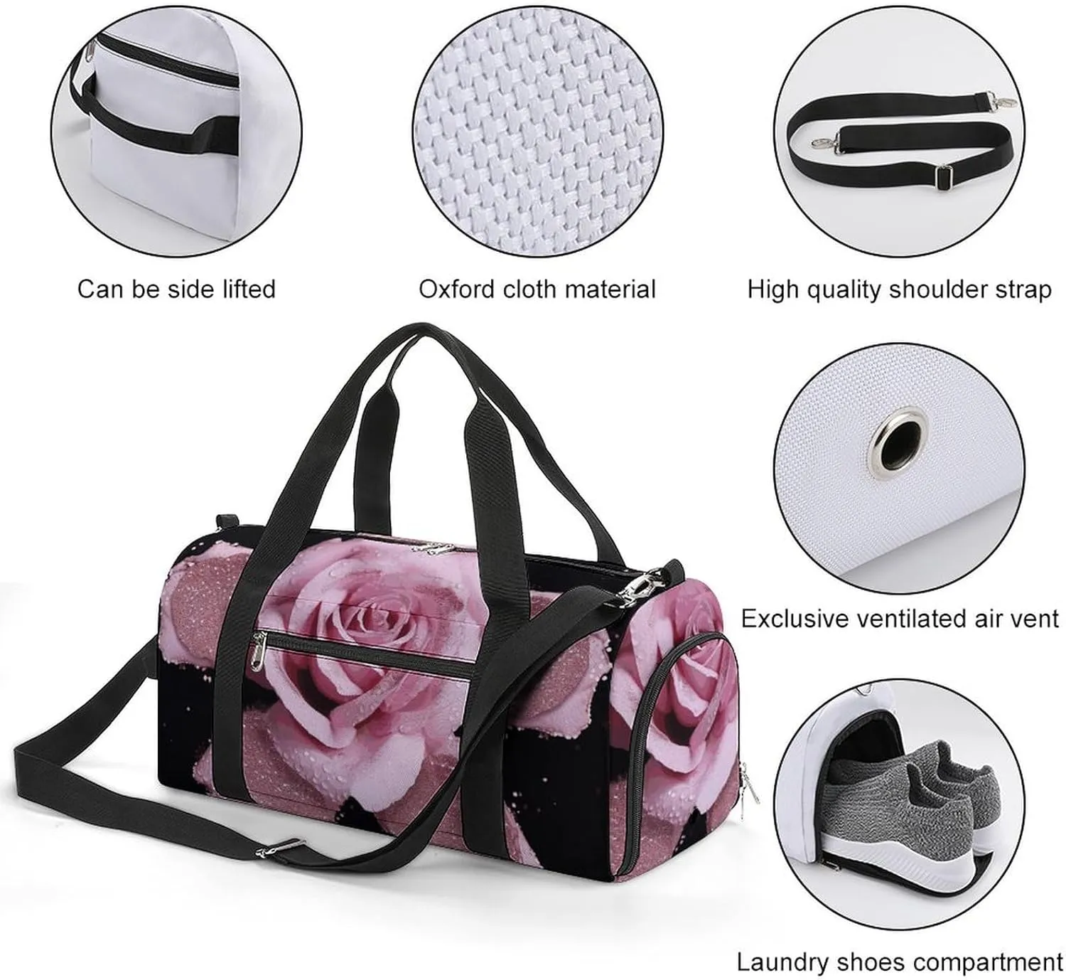 Gym Bag Glitter Rose Duffel Bag for Men Women Overnight Bag with Shoe Compartment Workout Bags
