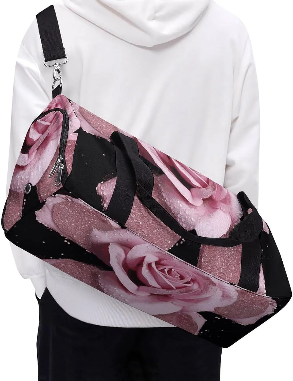 Gym Bag Glitter Rose Duffel Bag for Men Women Overnight Bag with Shoe Compartment Workout Bags