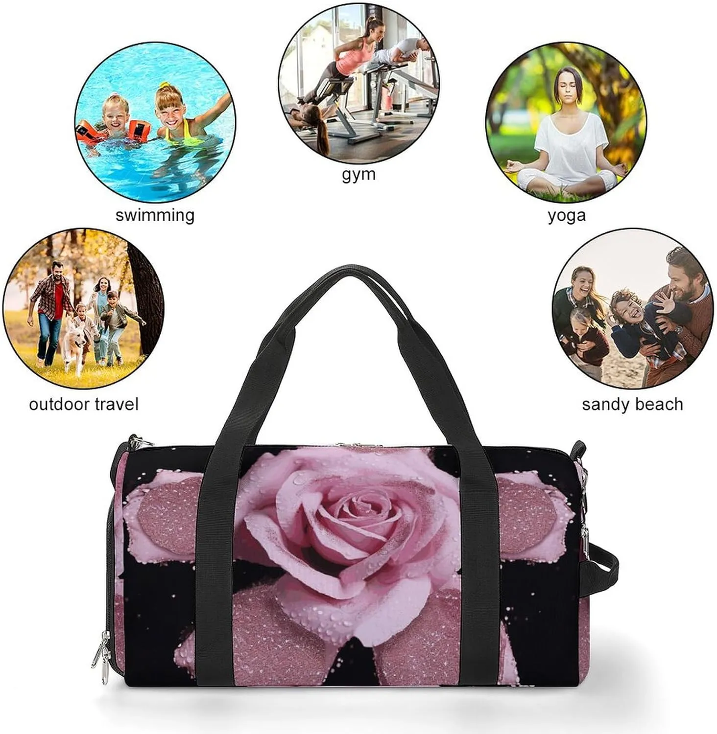 Gym Bag Glitter Rose Duffel Bag for Men Women Overnight Bag with Shoe Compartment Workout Bags