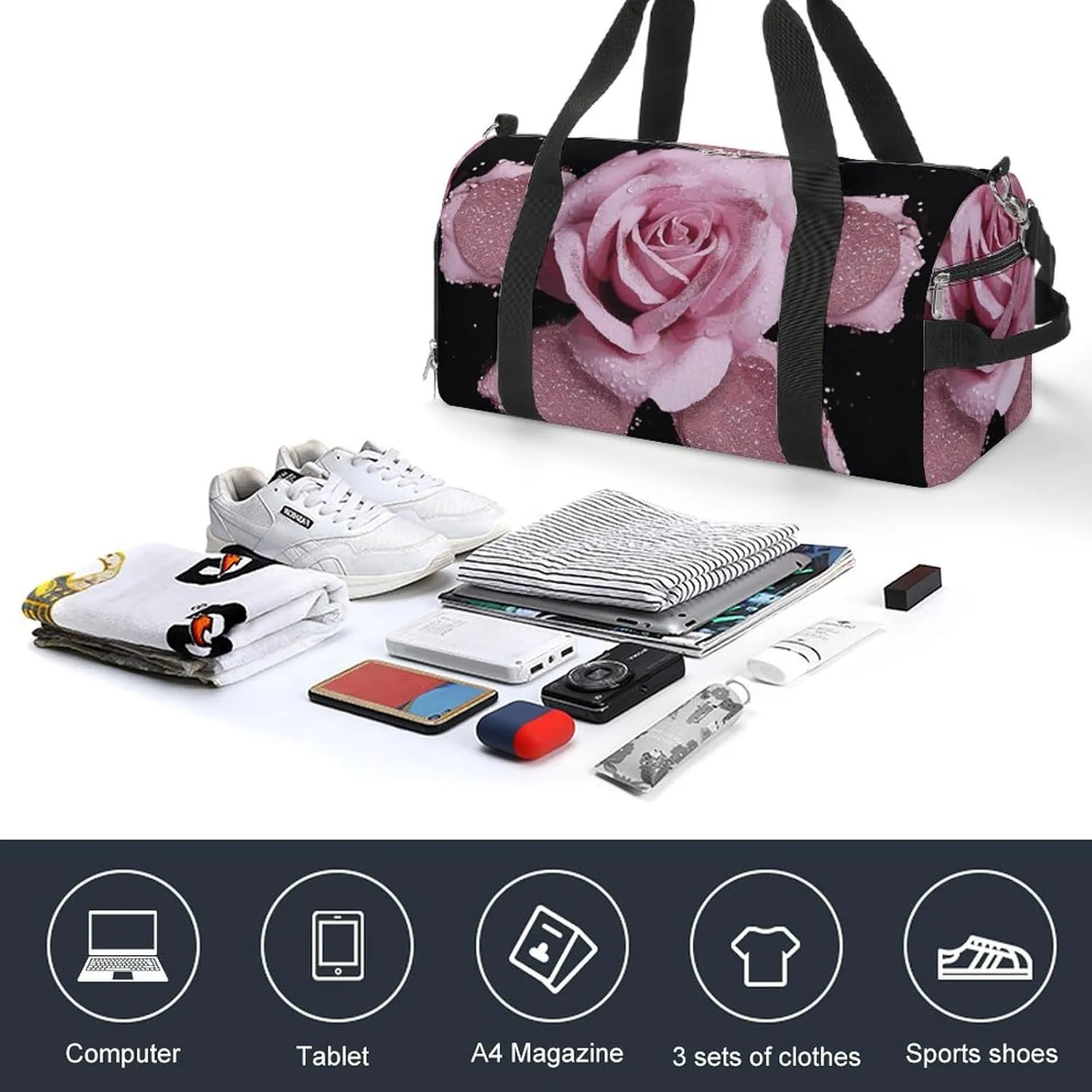 Gym Bag Glitter Rose Duffel Bag for Men Women Overnight Bag with Shoe Compartment Workout Bags