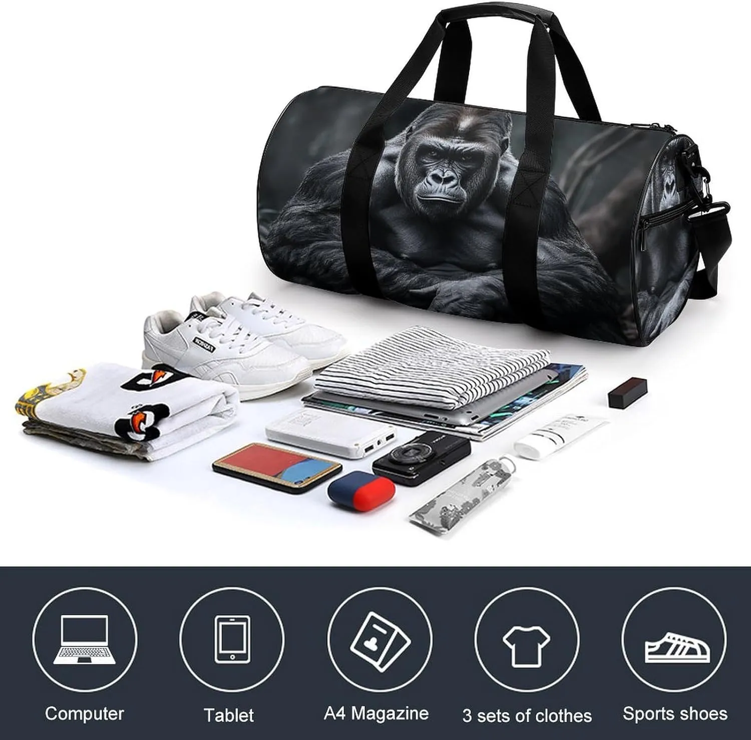Gym Bag Gorilla on The Ground Duffel Bag for Men Women Overnight Bag with Shoe Compartment Workout Bags