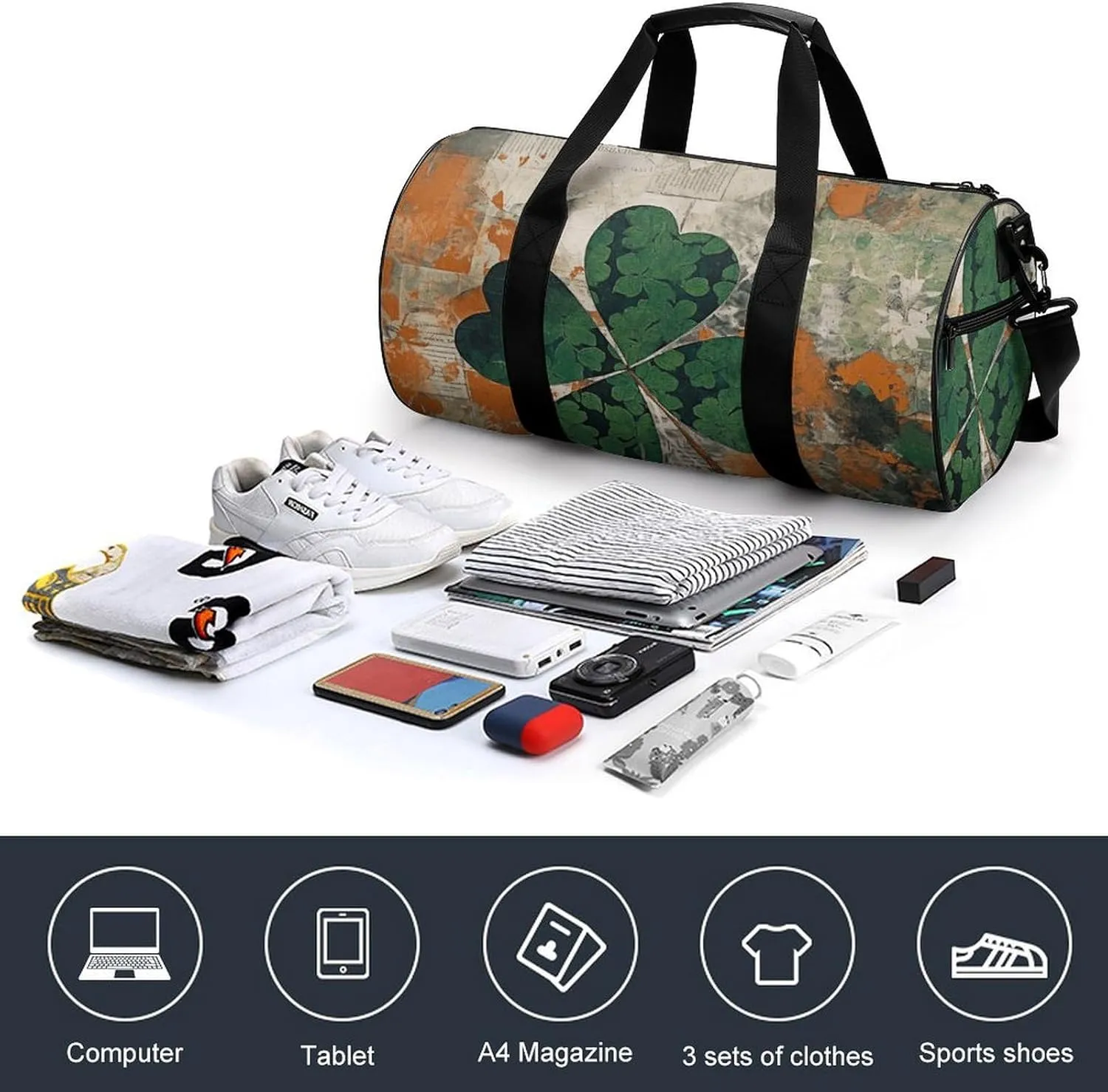Gym Bag Green Leaves Image Duffel Bag for Men Women Overnight Bag with Shoe Compartment Workout Bags