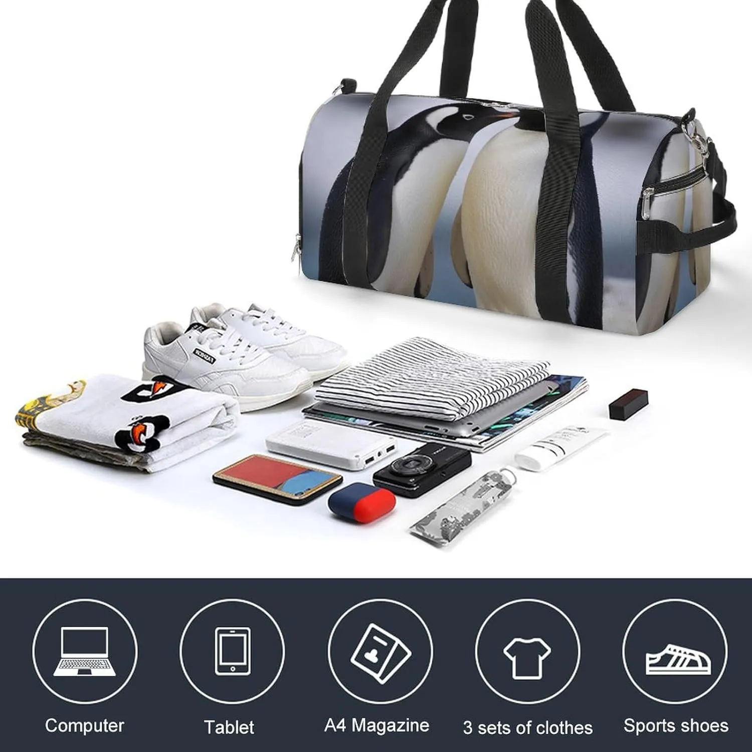 Gym Bag I Love Penguins Duffel Bag for Men Women Overnight Bag with Shoe Compartment Workout Bags