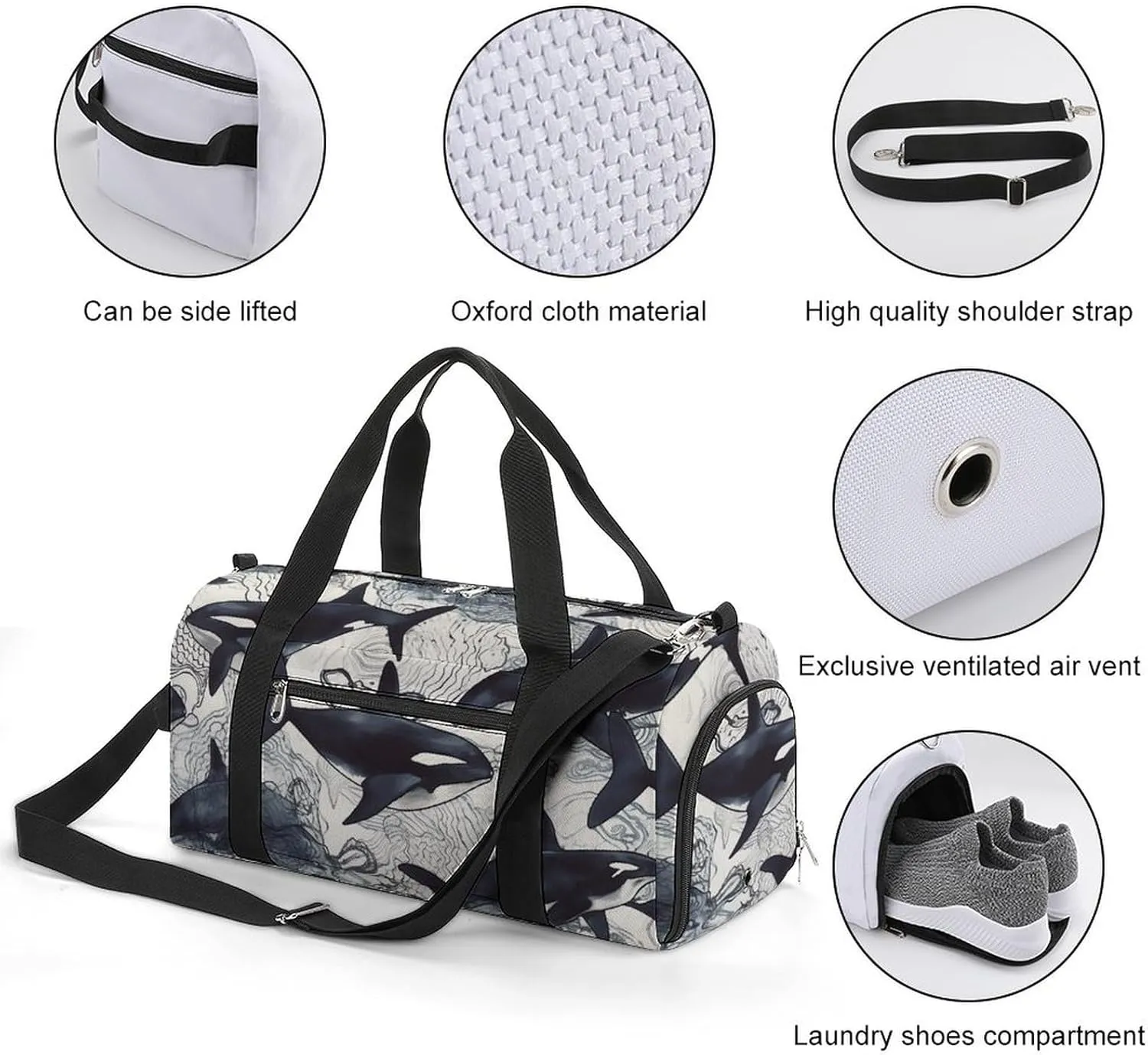 Gym Bag Killer Whale Duffel Bag for Men Women Overnight Bag with Shoe Compartment Workout Bags