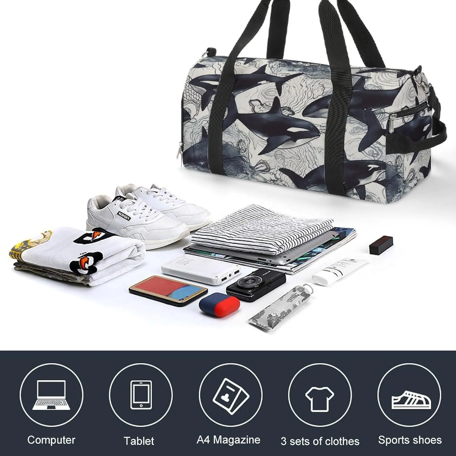 Gym Bag Killer Whale Duffel Bag for Men Women Overnight Bag with Shoe Compartment Workout Bags