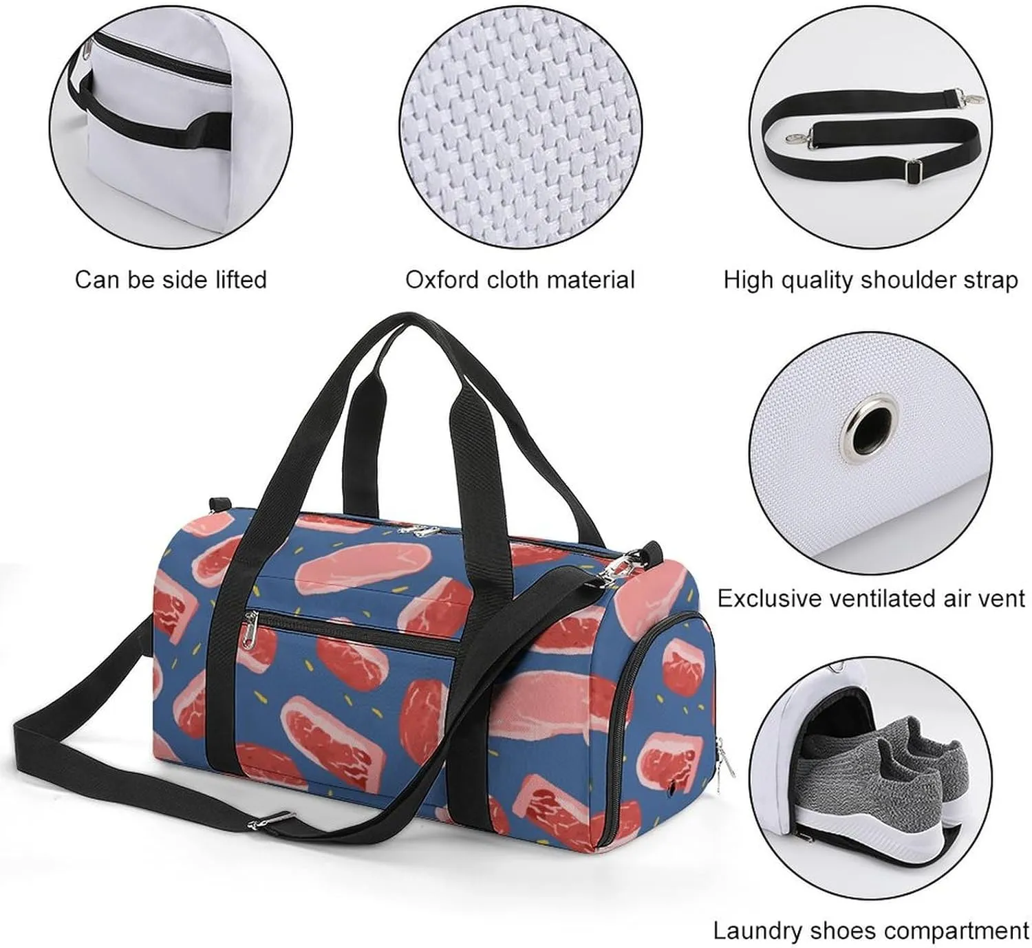 Gym Bag Meat Slices Pattern Duffel Bag for Men Women Overnight Bag with Shoe Compartment Workout Bags