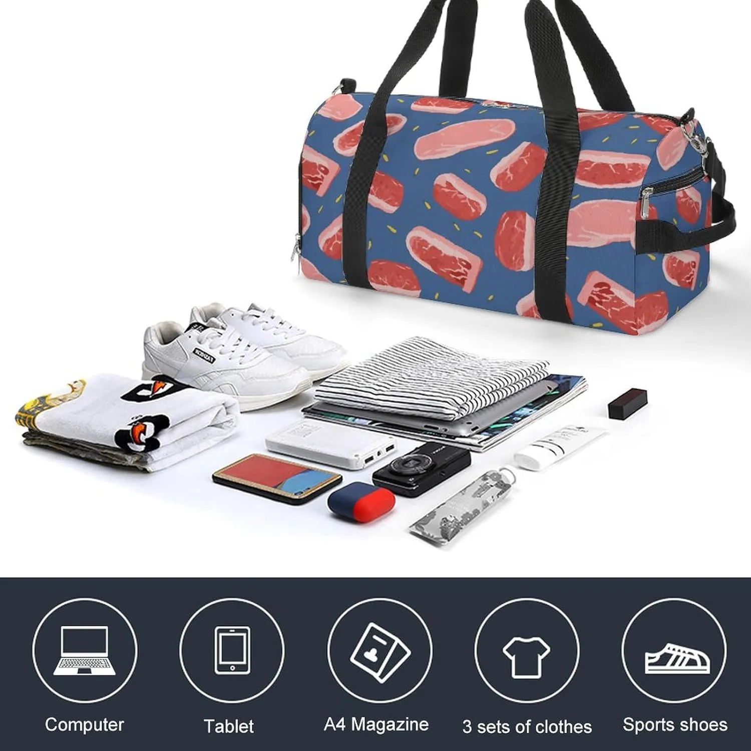 Gym Bag Meat Slices Pattern Duffel Bag for Men Women Overnight Bag with Shoe Compartment Workout Bags