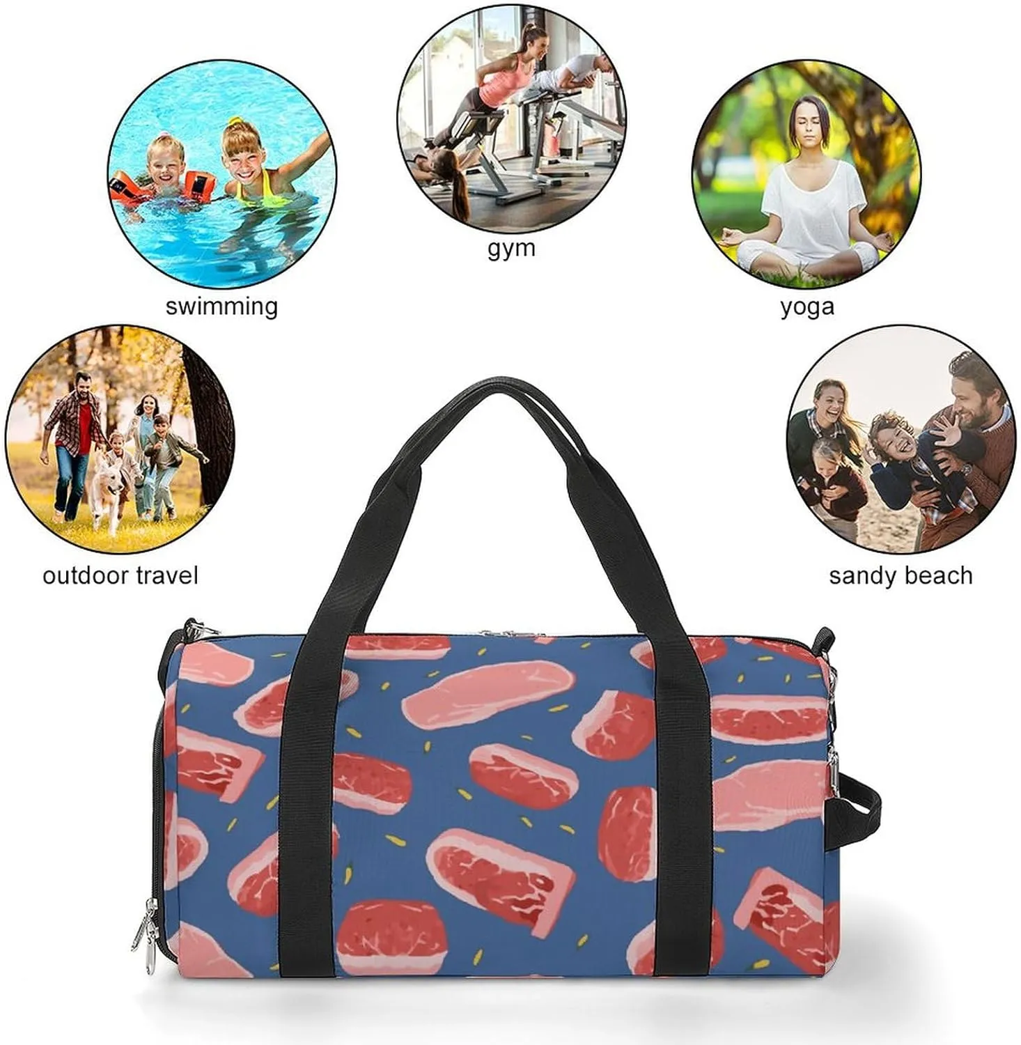 Gym Bag Meat Slices Pattern Duffel Bag for Men Women Overnight Bag with Shoe Compartment Workout Bags