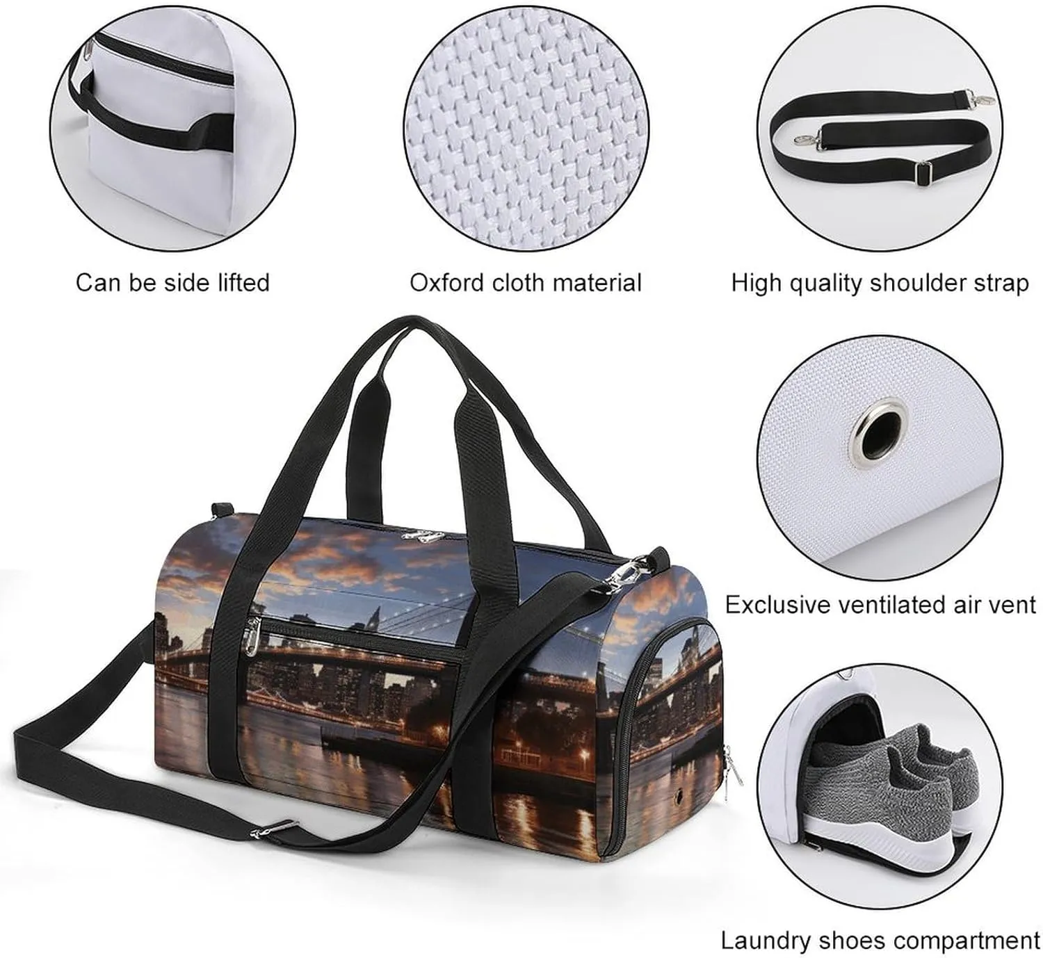 Gym Bag New York Bridge Duffel Bag for Men Women Overnight Bag with Shoe Compartment Workout Bags