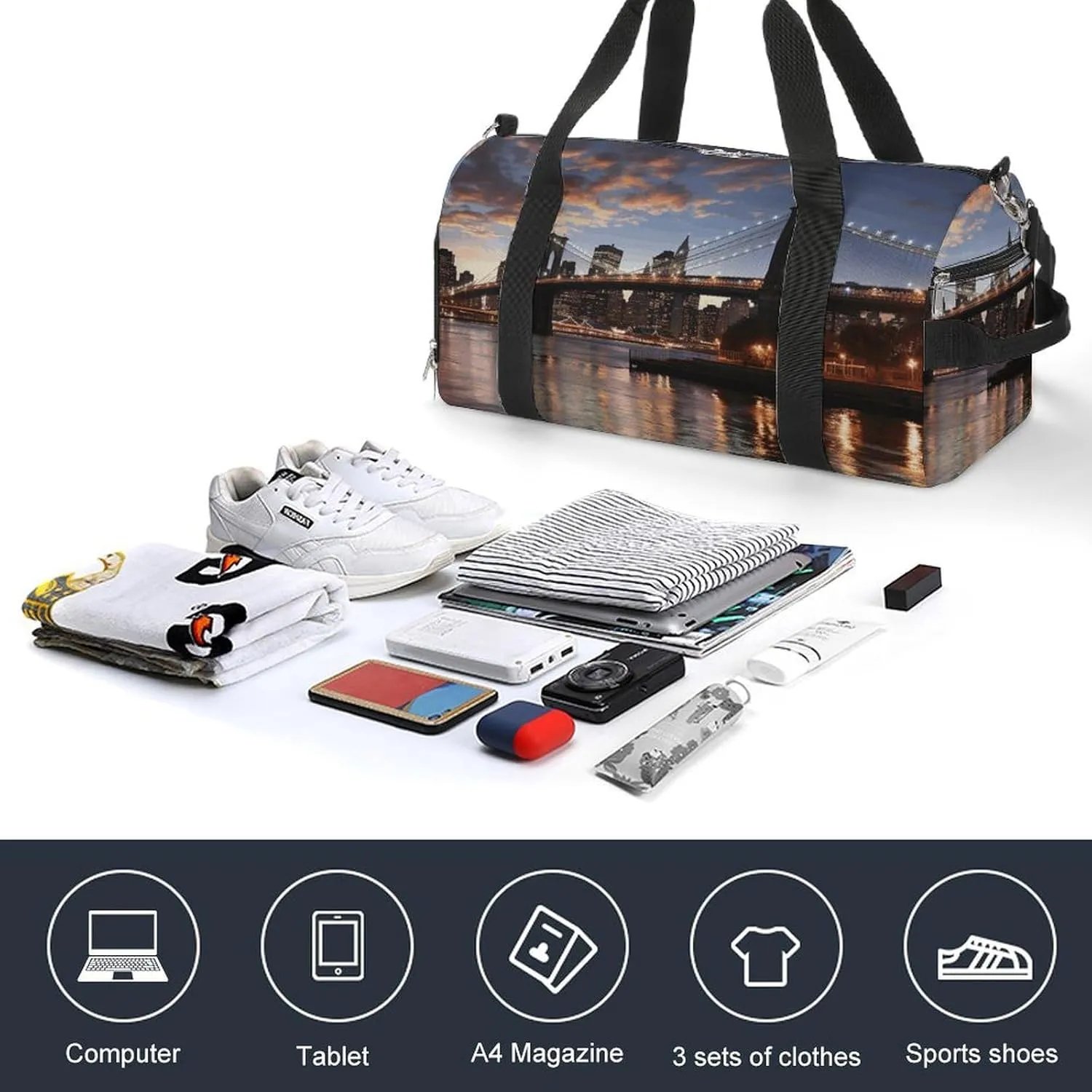 Gym Bag New York Bridge Duffel Bag for Men Women Overnight Bag with Shoe Compartment Workout Bags