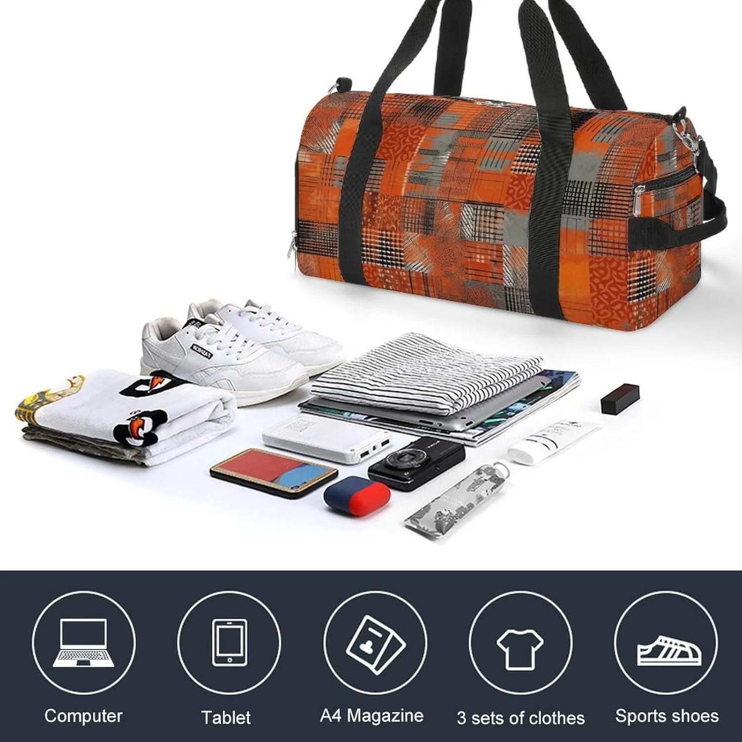 Gym Bag Orange Grid Lines Duffel Bag for Men Women Overnight Bag with Shoe Compartment Workout Bags