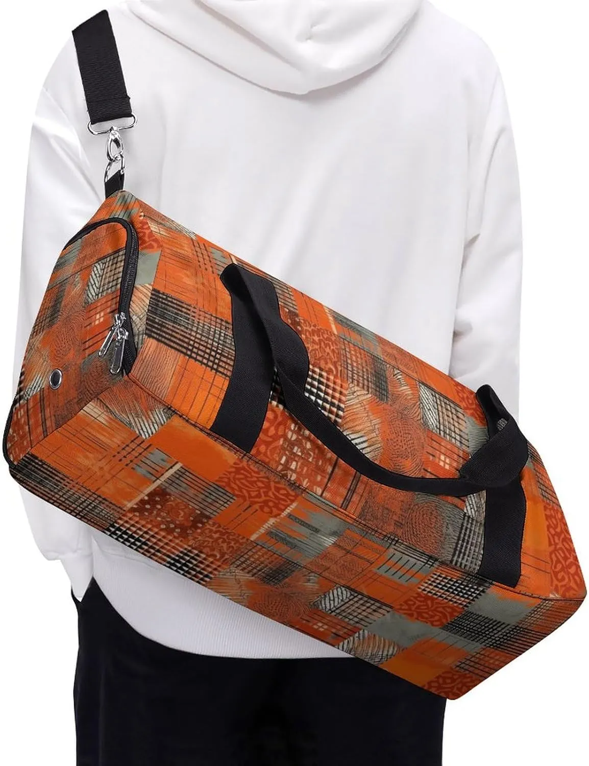 Gym Bag Orange Grid Lines Duffel Bag for Men Women Overnight Bag with Shoe Compartment Workout Bags