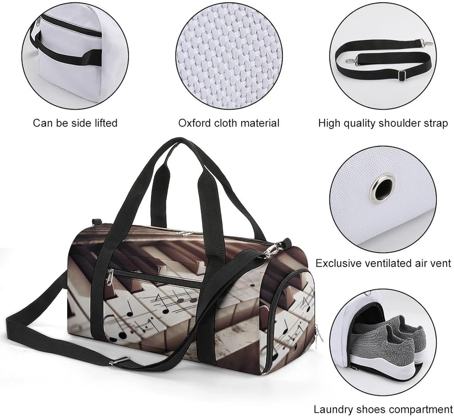 Gym Bag Piano Keys With Musical Notes Duffel Bag for Men Women Overnight Bag with Shoe Compartment Workout Bags