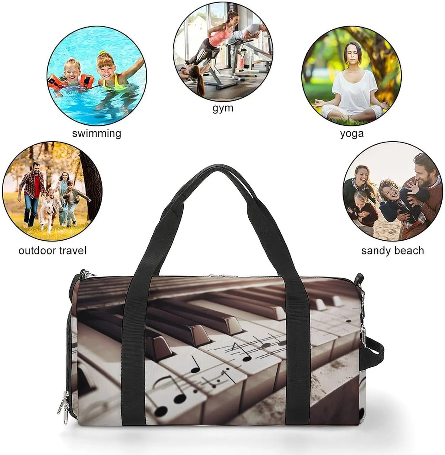 Gym Bag Piano Keys With Musical Notes Duffel Bag for Men Women Overnight Bag with Shoe Compartment Workout Bags