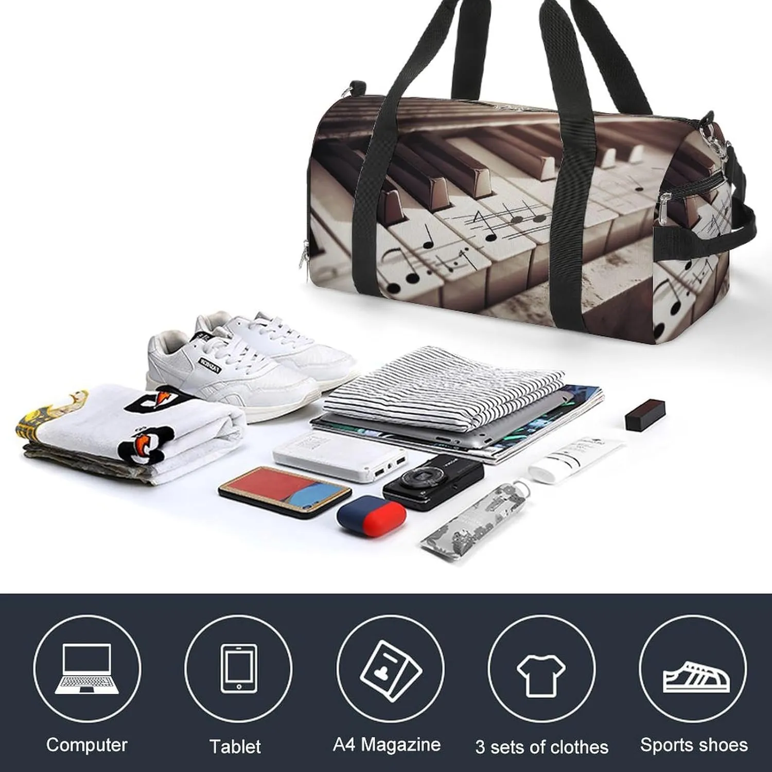 Gym Bag Piano Keys With Musical Notes Duffel Bag for Men Women Overnight Bag with Shoe Compartment Workout Bags