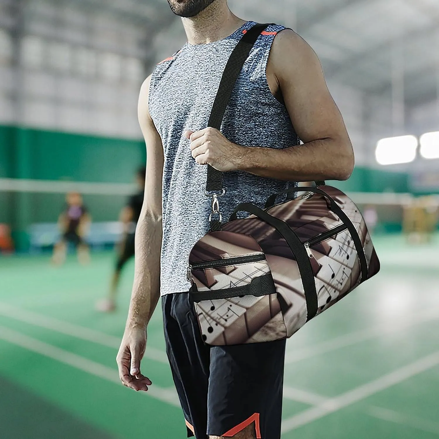 Gym Bag Piano Keys With Musical Notes Duffel Bag for Men Women Overnight Bag with Shoe Compartment Workout Bags