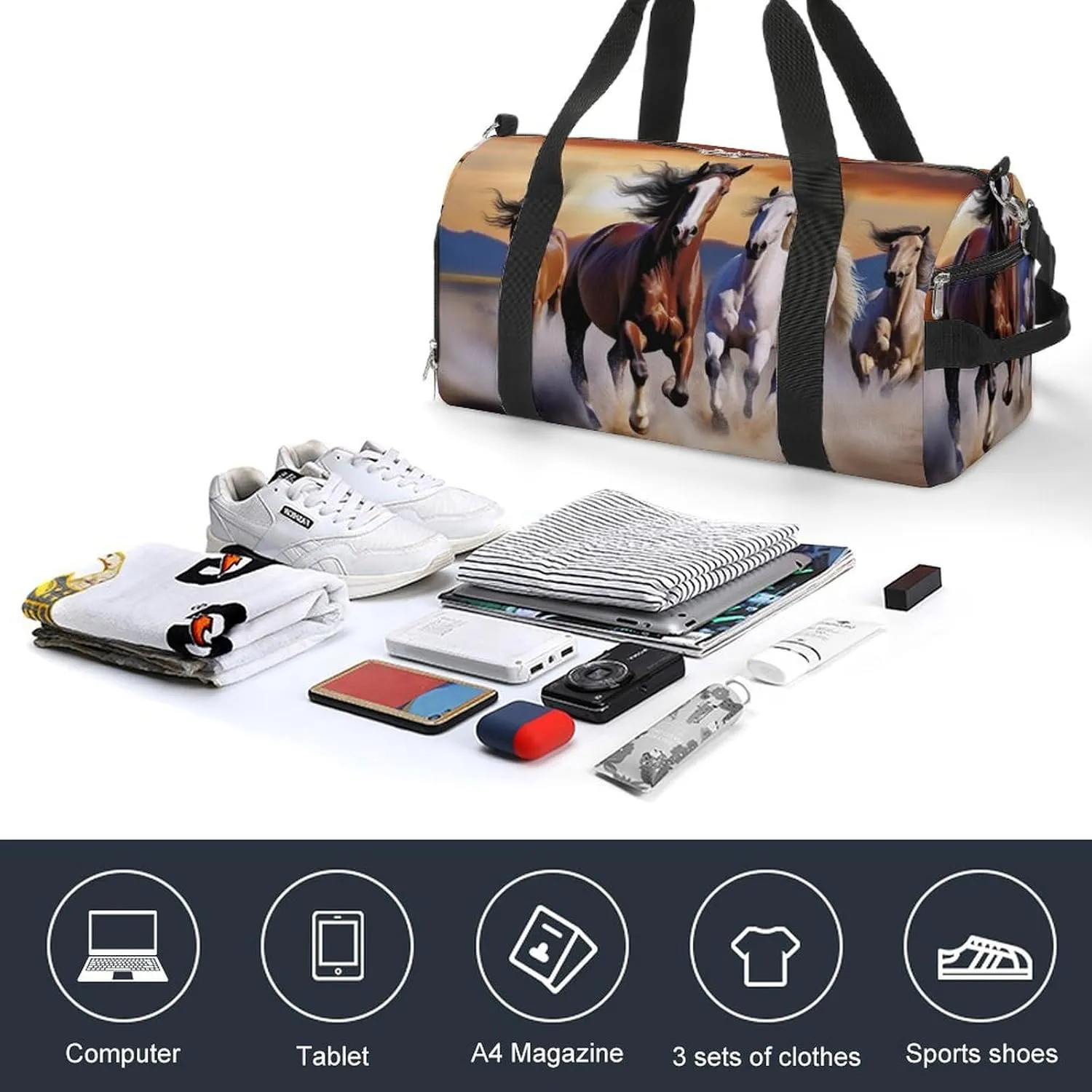 Gym Bag Running Horses Duffel Bag for Men Women Overnight Bag with Shoe Compartment Workout Bags