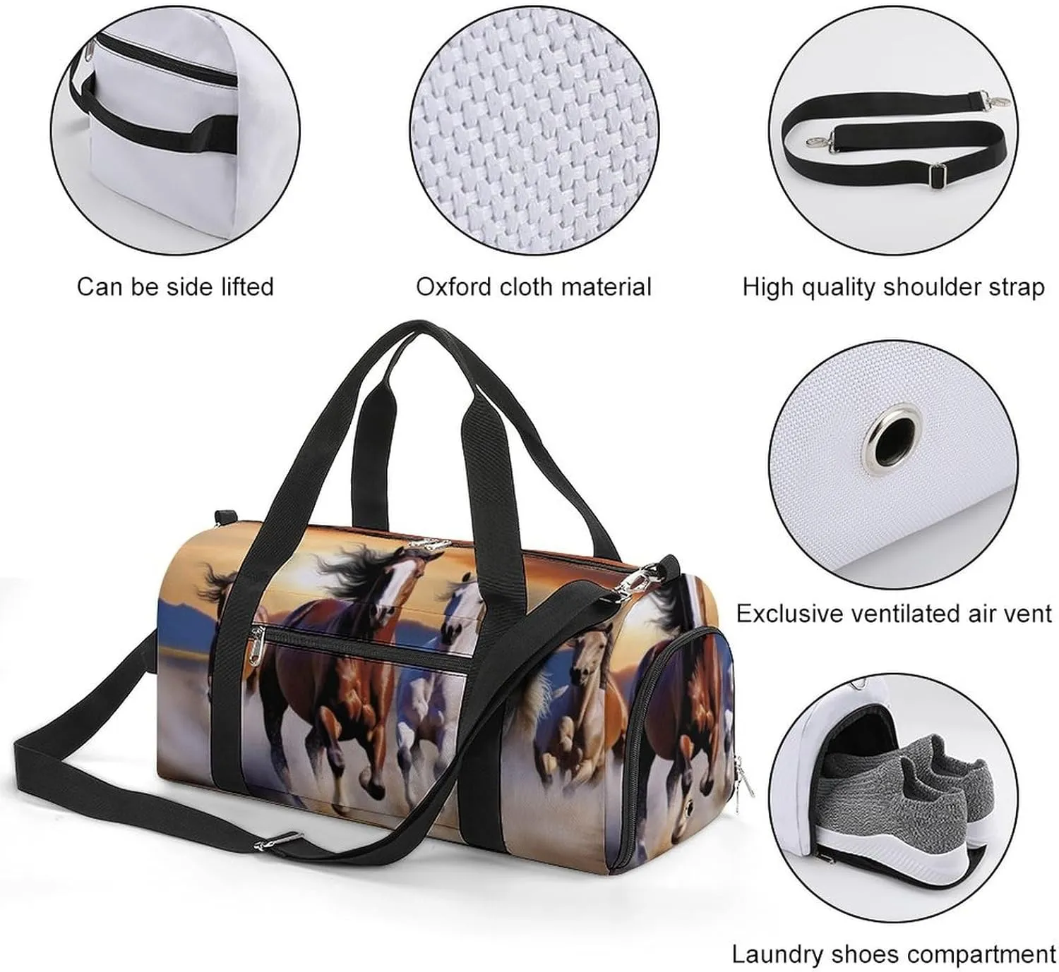 Gym Bag Running Horses Duffel Bag for Men Women Overnight Bag with Shoe Compartment Workout Bags
