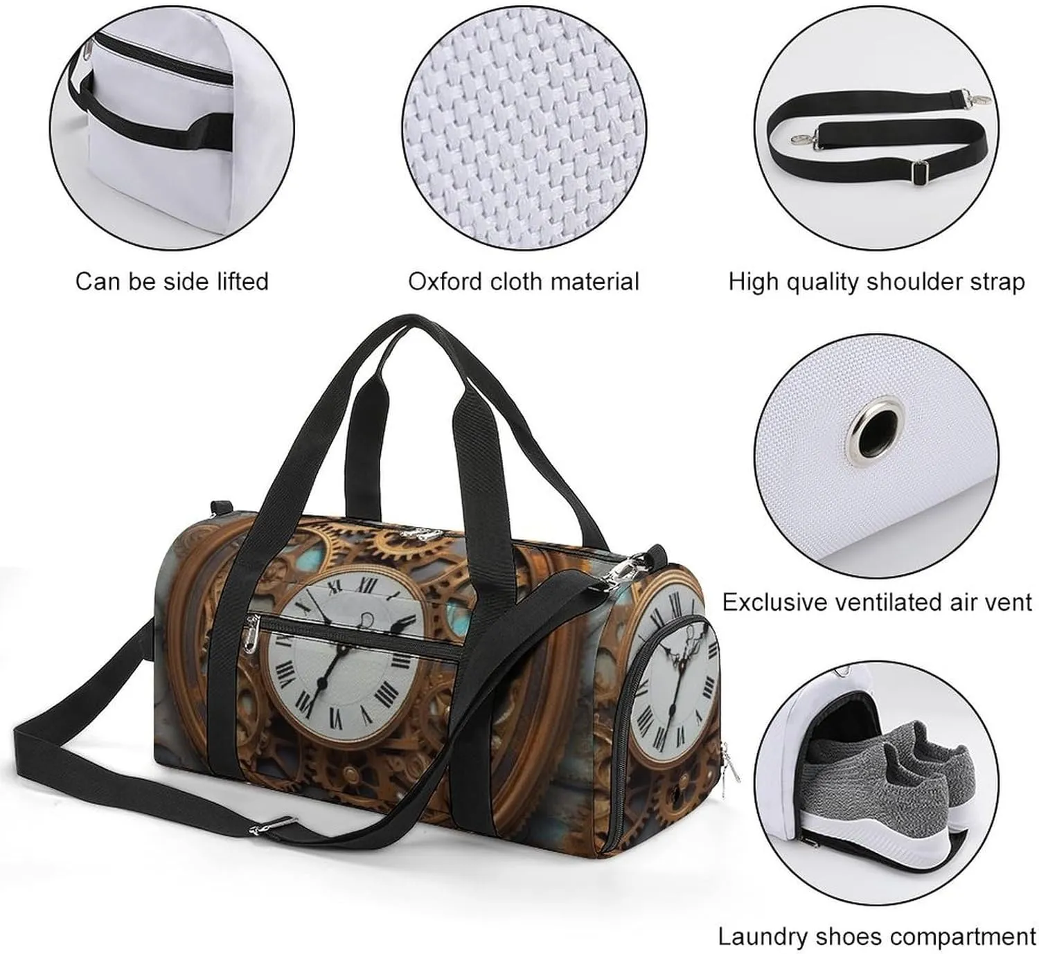 Gym Bag Rusty Steampunk Clock Duffel Bag for Men Women Overnight Bag with Shoe Compartment Workout Bags