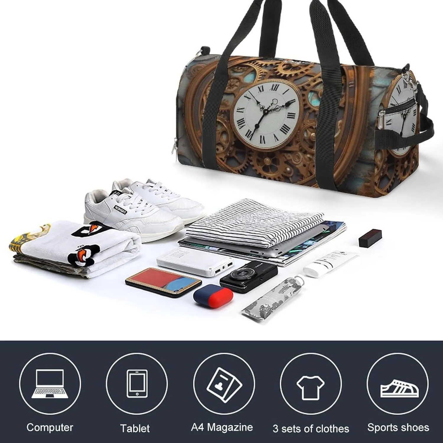 Gym Bag Rusty Steampunk Clock Duffel Bag for Men Women Overnight Bag with Shoe Compartment Workout Bags