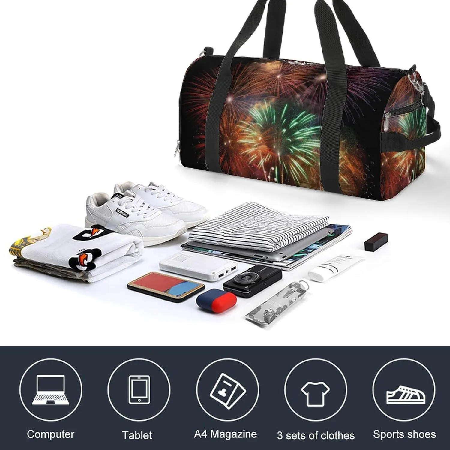 Gym Bag Splendid Fireworks Duffel Bag for Men Women Overnight Bag with Shoe Compartment Workout Bags