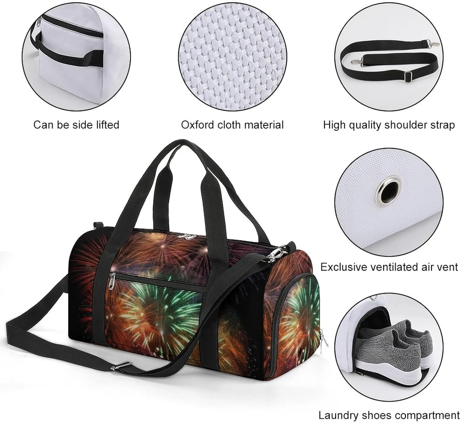 Gym Bag Splendid Fireworks Duffel Bag for Men Women Overnight Bag with Shoe Compartment Workout Bags