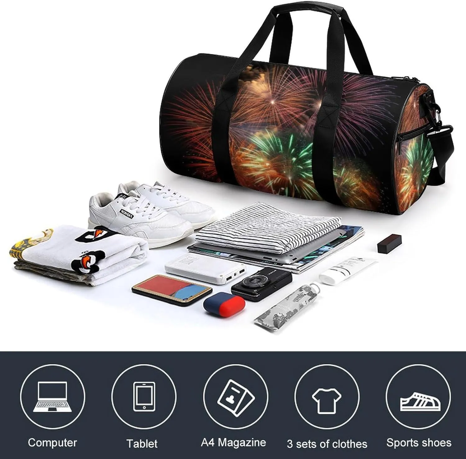 Gym Bag Splendid Fireworks Duffel Bag for Men Women Overnight Bag with Shoe Compartment Workout Bags