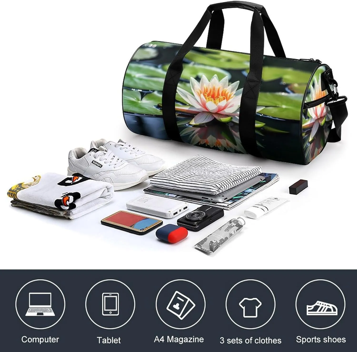 Gym Bag Water Lily Duffel Bag for Men Women Overnight Bag with Shoe Compartment Workout Bags