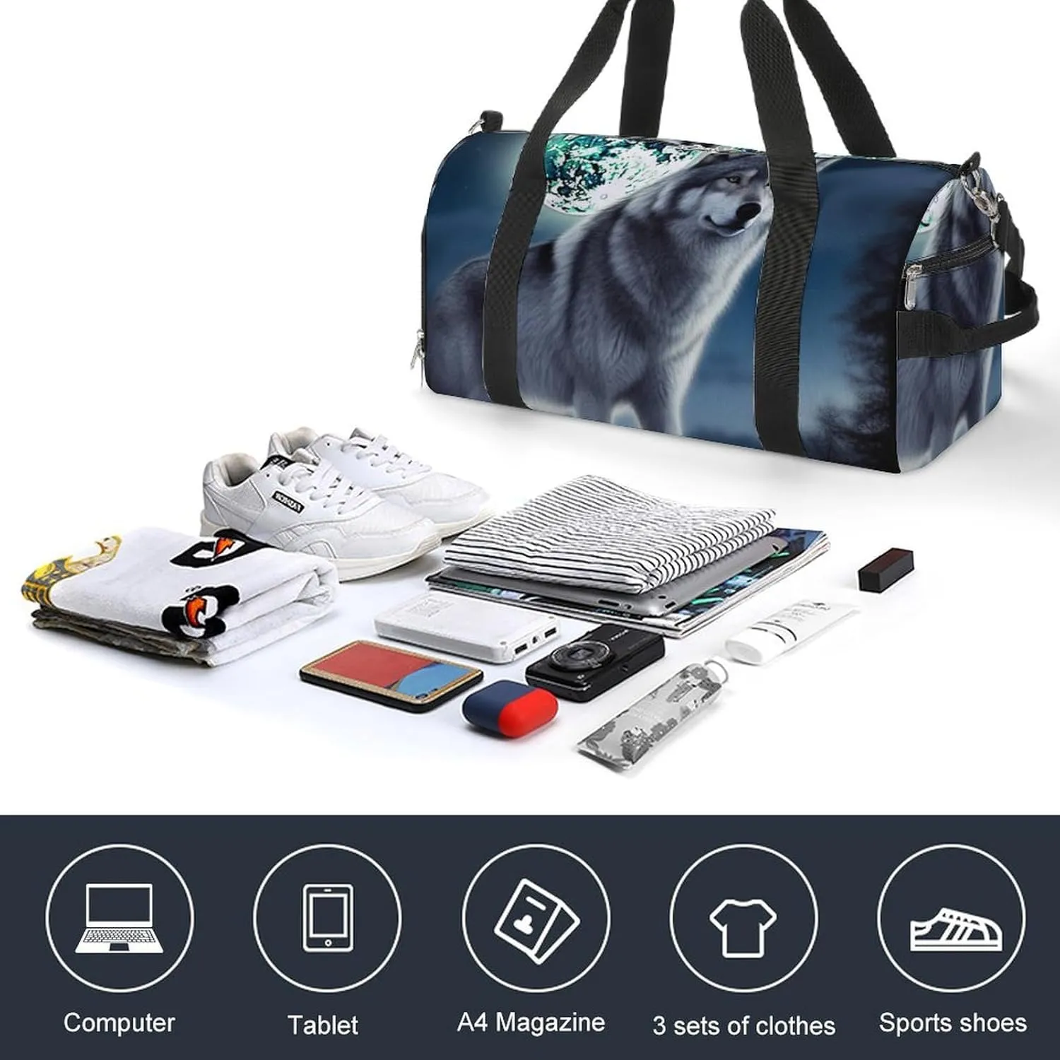 Gym Bag Wolf Under Moon Duffel Bag for Men Women Overnight Bag with Shoe Compartment Workout Bags