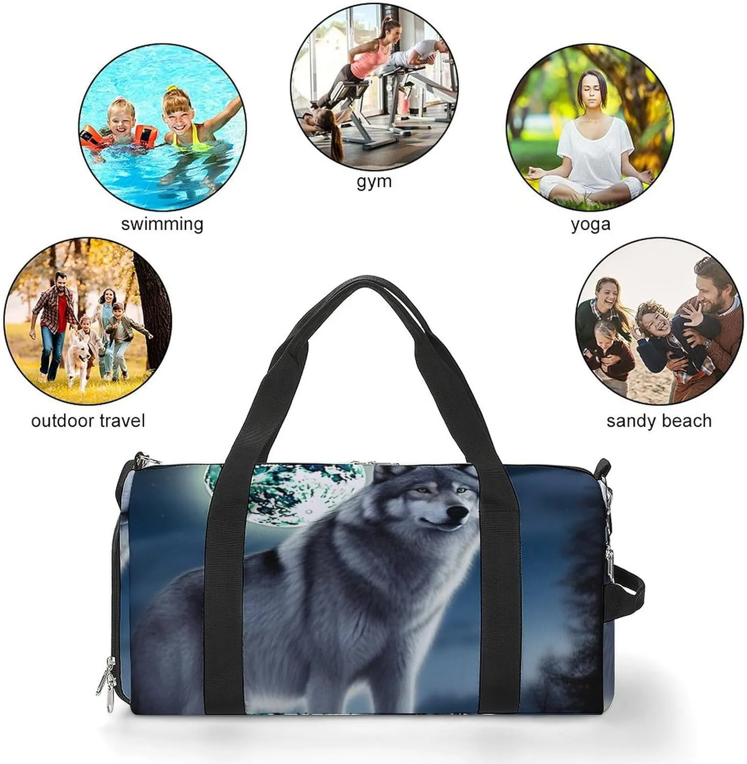 Gym Bag Wolf Under Moon Duffel Bag for Men Women Overnight Bag with Shoe Compartment Workout Bags