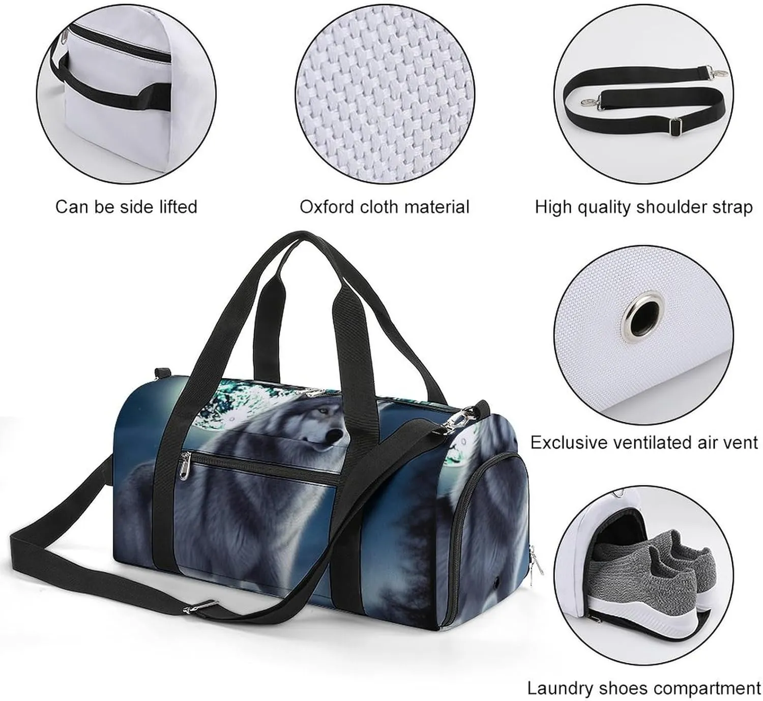 Gym Bag Wolf Under Moon Duffel Bag for Men Women Overnight Bag with Shoe Compartment Workout Bags